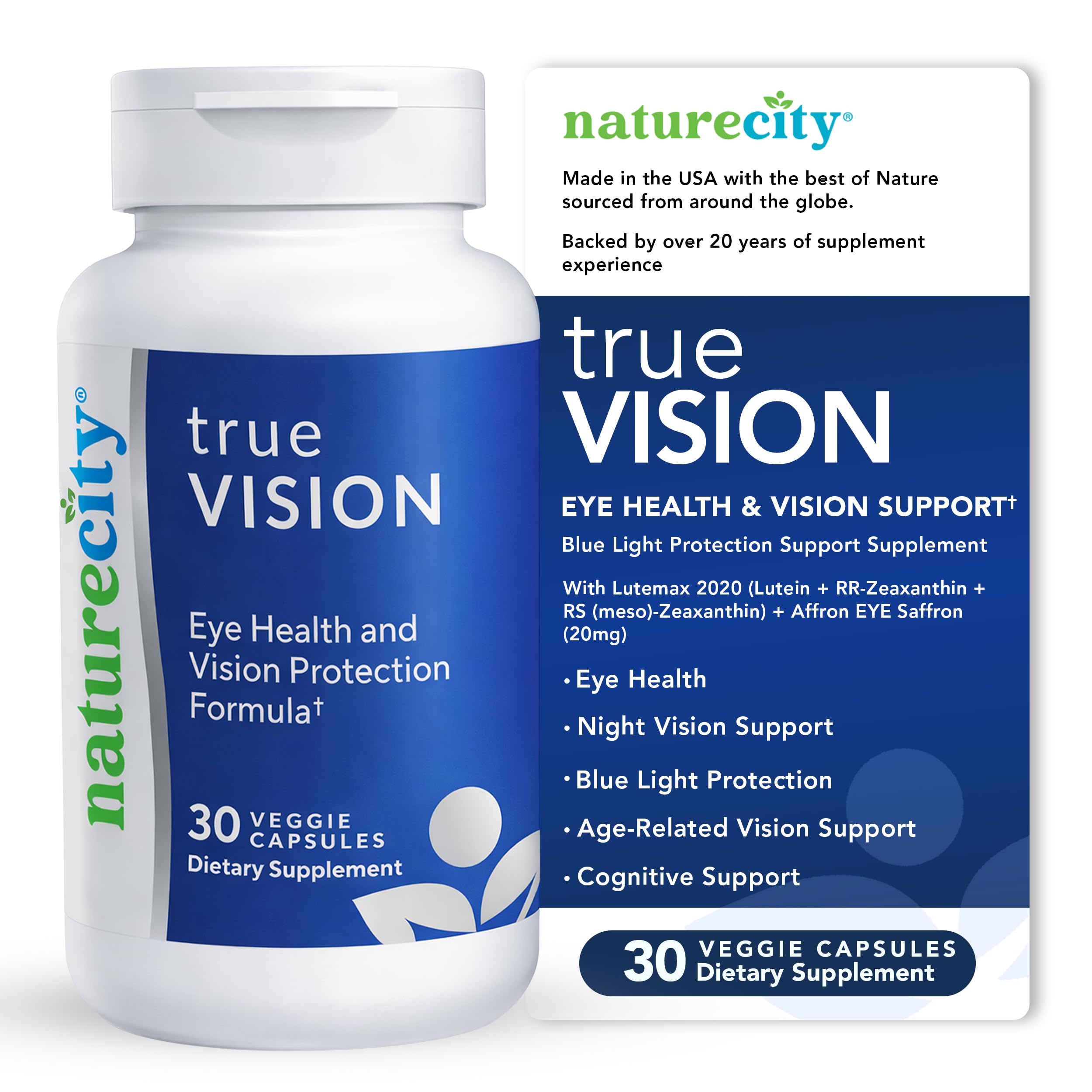 NatureCity True-Vision Eye Health Supplement - Plant-Based Lutein and Zeaxanthin with High Potency Saffron 20mg - Blue Light Protection, Support Central and Night Vision (30 Veggie Capsules)