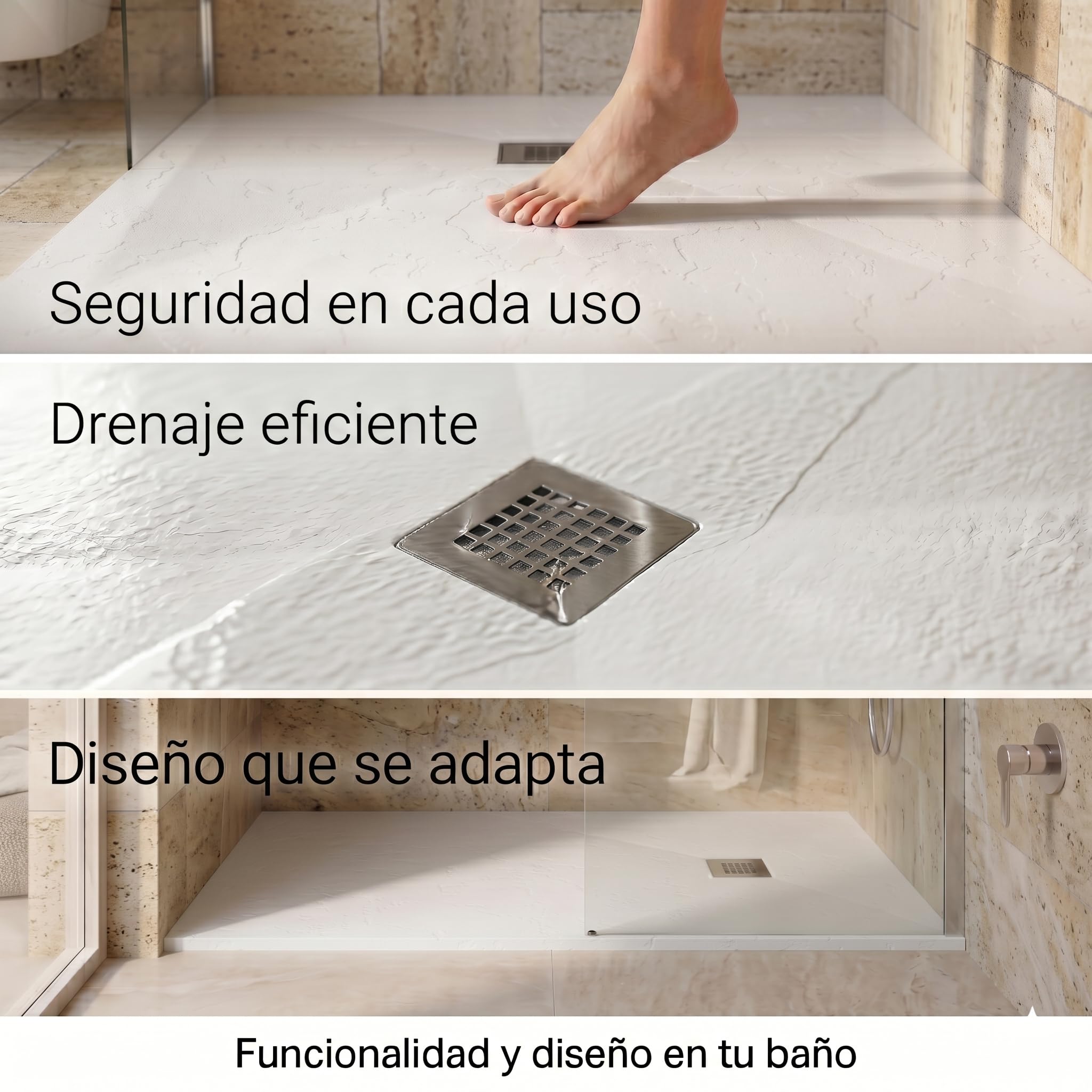 Plato de Ducha de Modelo Roma II – Plato Ducha Resina con Textura Pizarra - Antideslizante y Antibacteriano – Blanco (RAL 9003) 70x180 cm – Incluye Válvula Desagüe y Rejilla