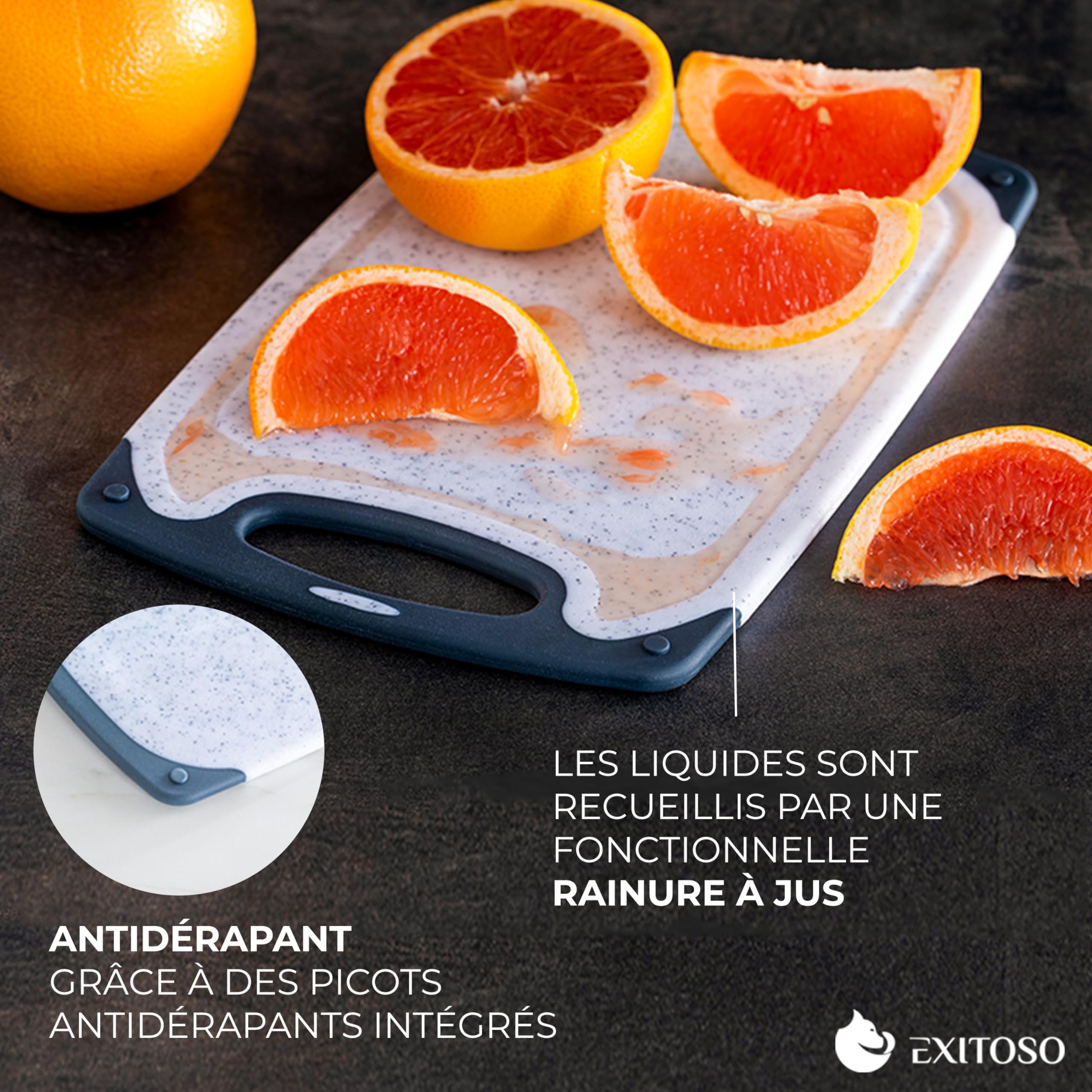 Set De 3 Planches à Découper Exitoso - Plastique AntiBactérien, Lave-Vaisselle, Rainure De Jus