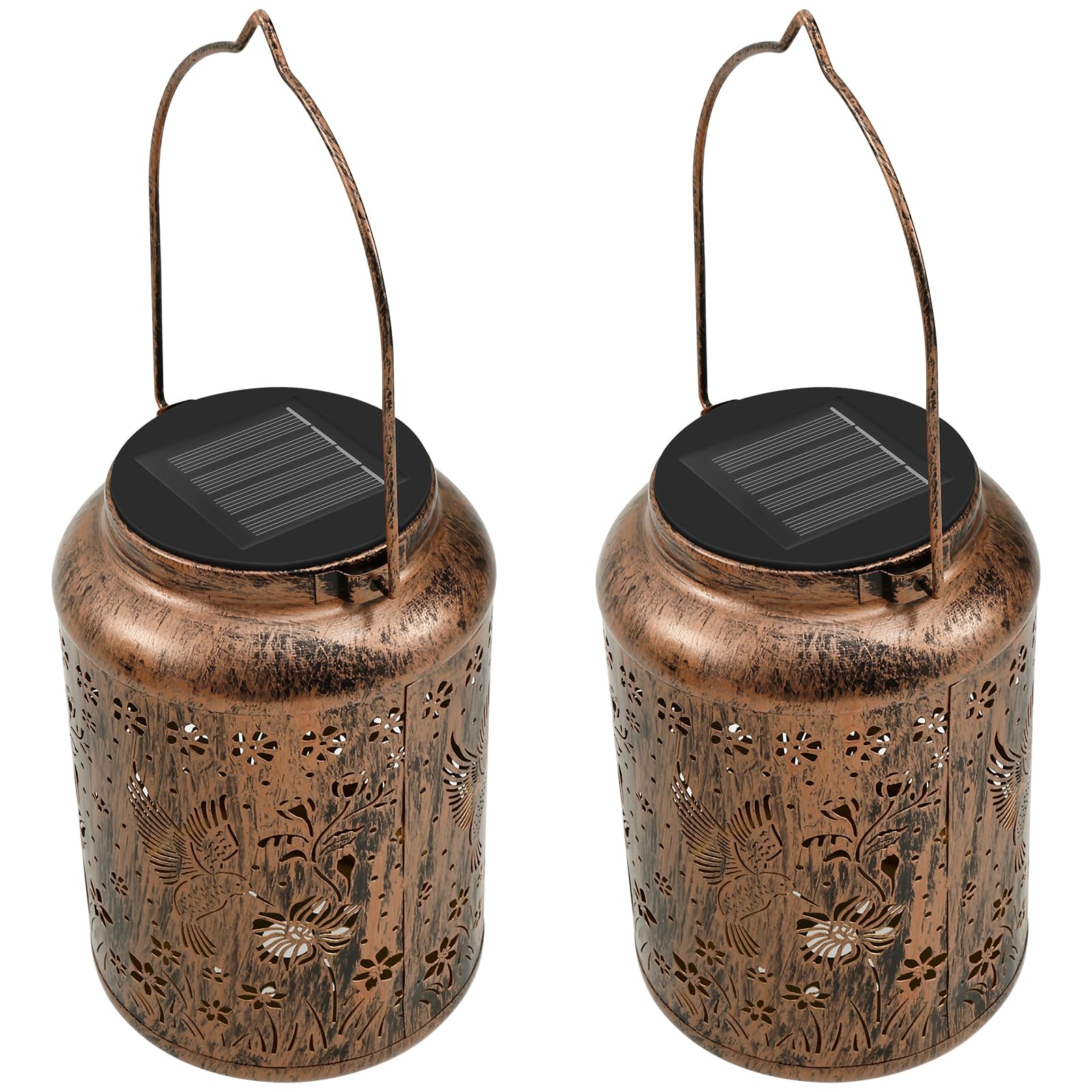 2 faroles solares decorativos de metal ahuecados impermeables LED para porche o árbol (marrón oscuro, 2)