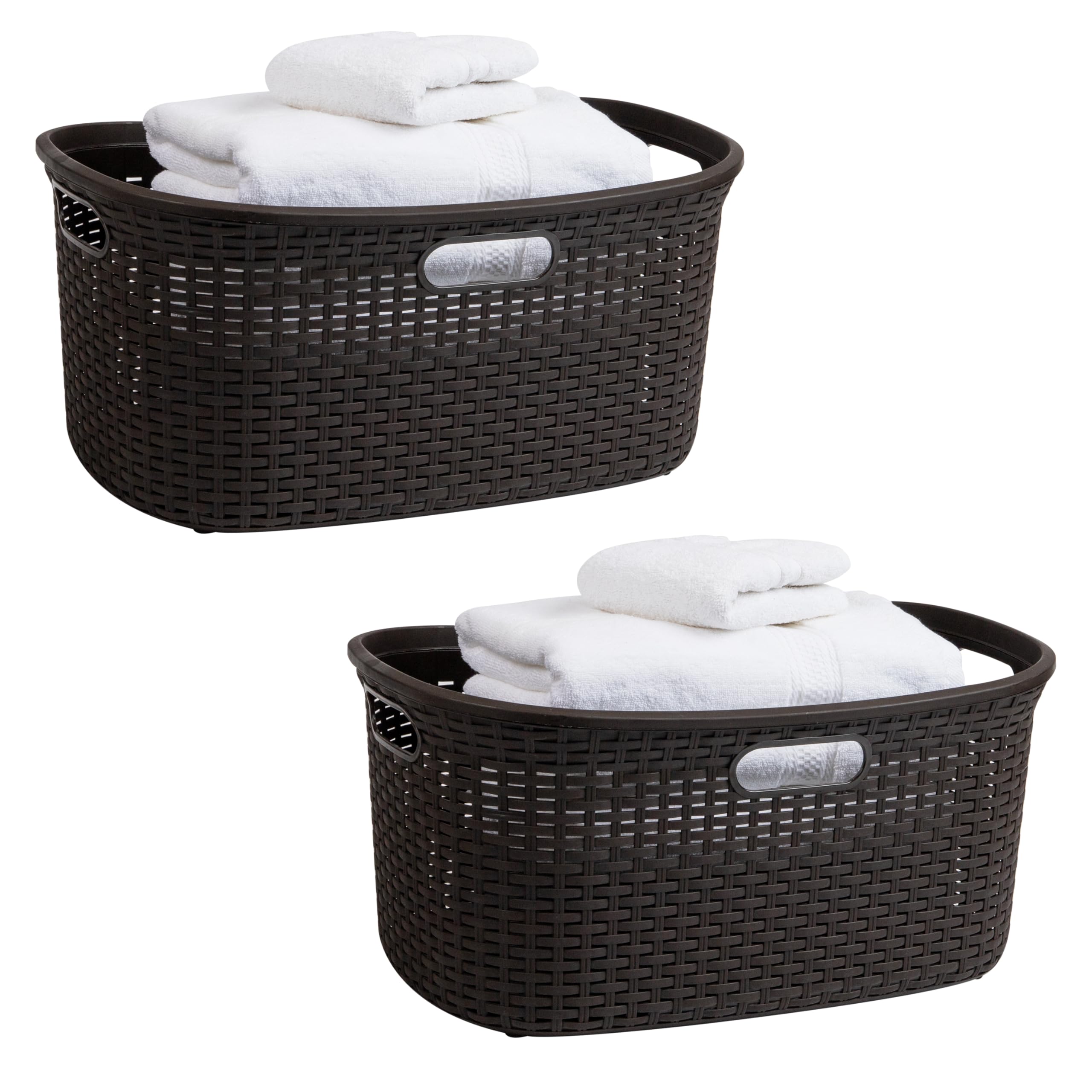 Mind Reader 40L Laundry Basket, Clothes Hamper, Wicker Design, Plastic, 23"L x 14.5"W x 11"H, Set of 2, Brown