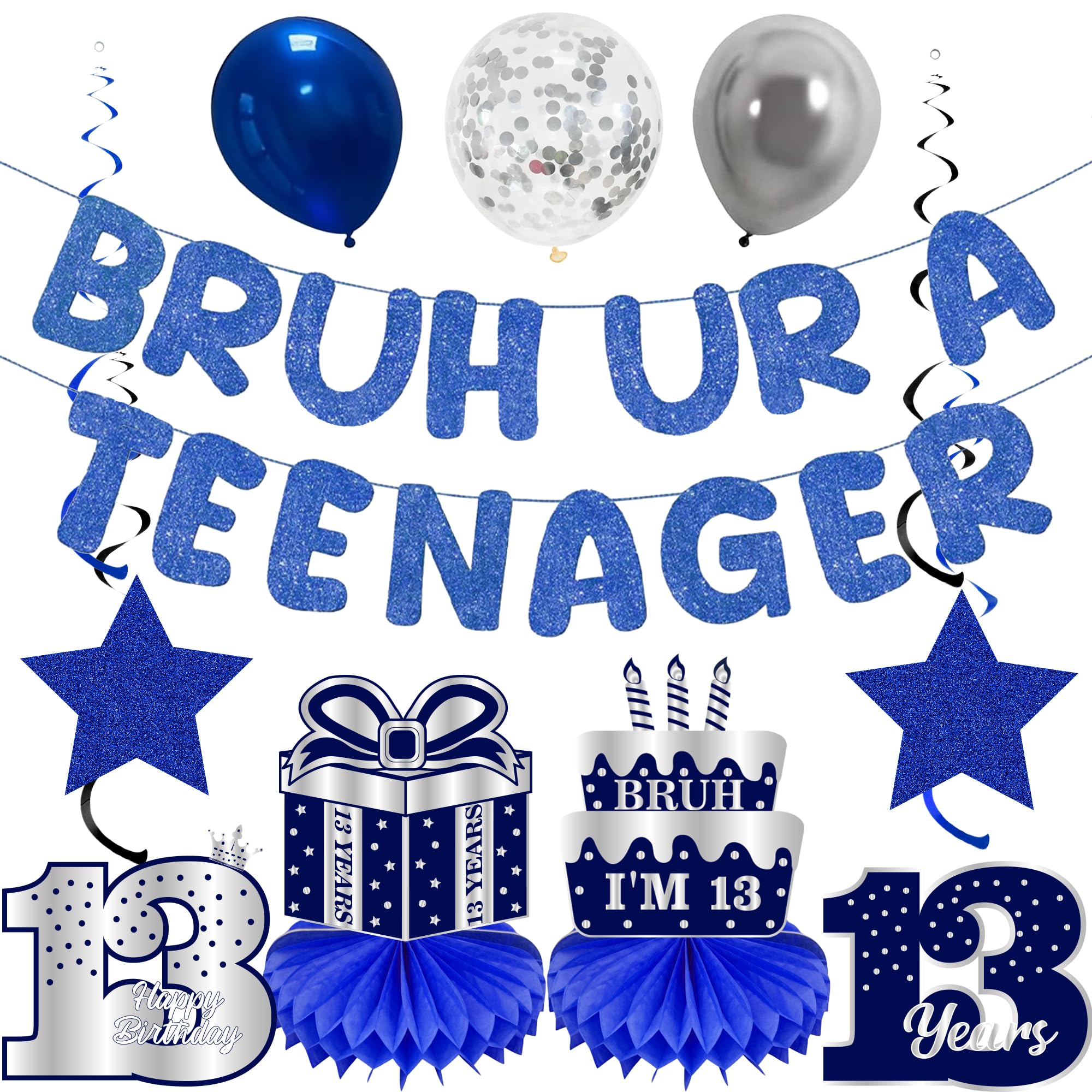 13th Birthday Decorations Teenager Boys - 11 Pcs Blue Sliver Bruh Ur A Teenager Banners Hanging Swirls Honeycomb Table Centerpieces Latex Balloons for Boys Thirteen Birthday Party Supplies