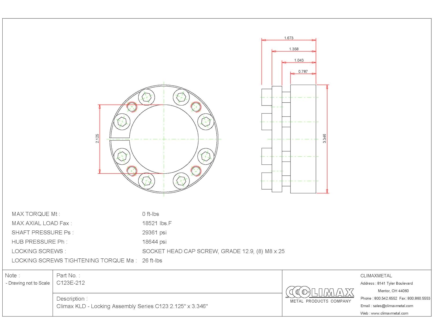 C123E-212 Series 123 Locking Assembly, Steel, 2.13" ID, 1.61" Width, 2-1/8" Shaft Diameter