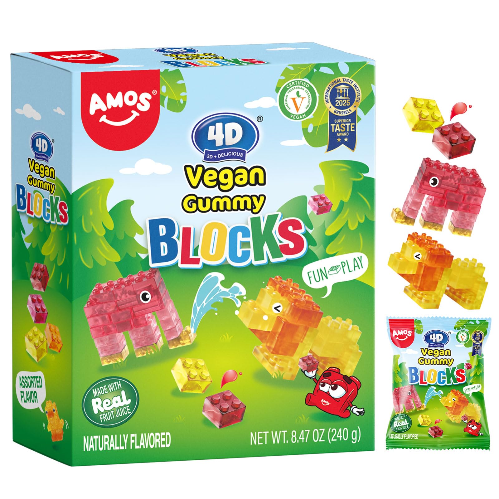 AMOS 4D Fruchtgummis Süßigkeiten Mix, Ostern 3 Schmecken (Erdbeere & Pfirsich & Traube) Süssigkeiten Bonbons, Fruchtgummi Süßes 65G/Beutel -3 Beutel