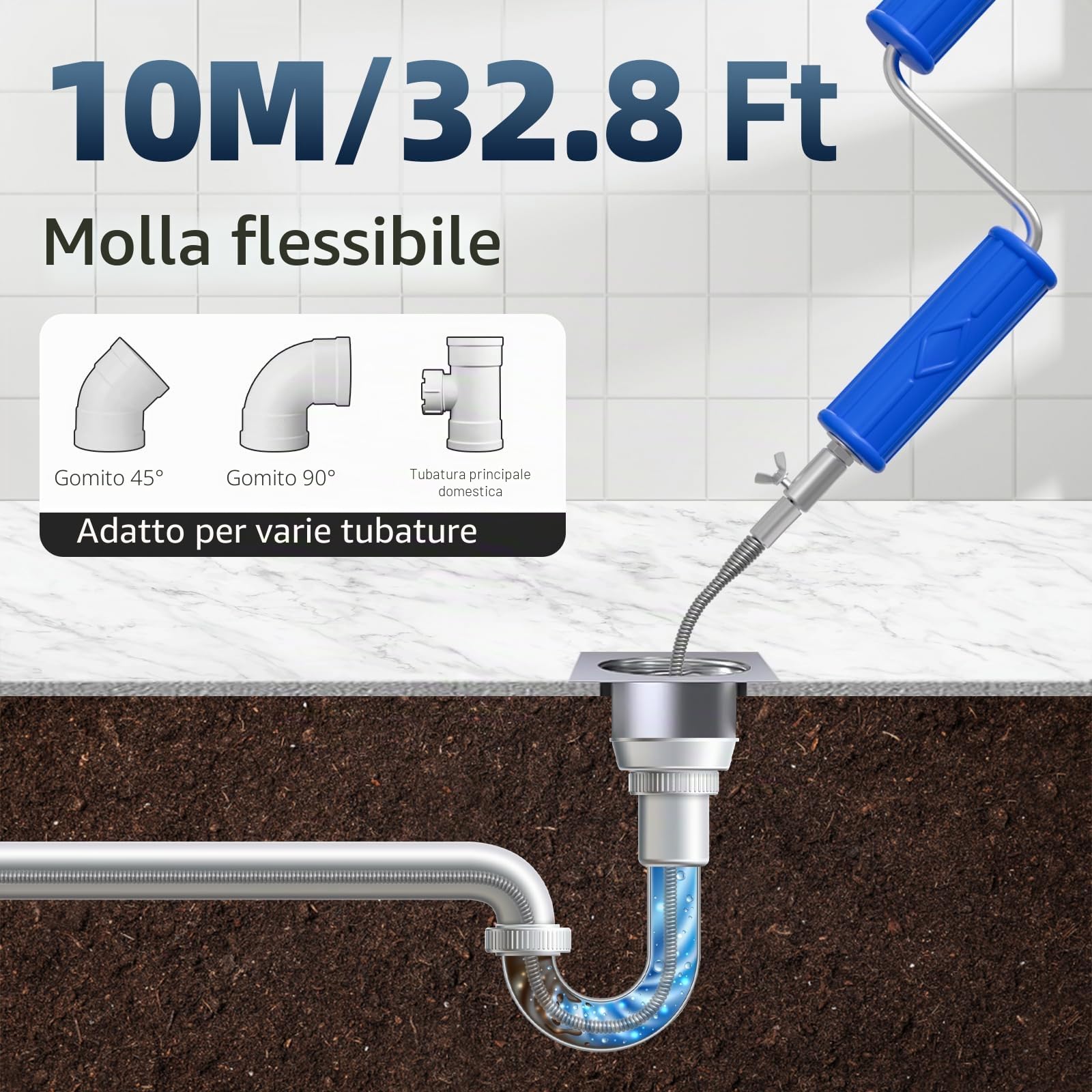 Stura Lavandini e Scarichi, Spirale per pulizia tubi, diametro 6 mm, spirale per pulizia tubazioni, spirale di pulizia con adattatori elettrici e manuali, asta per la pulizia di tubi a spirale (10m)