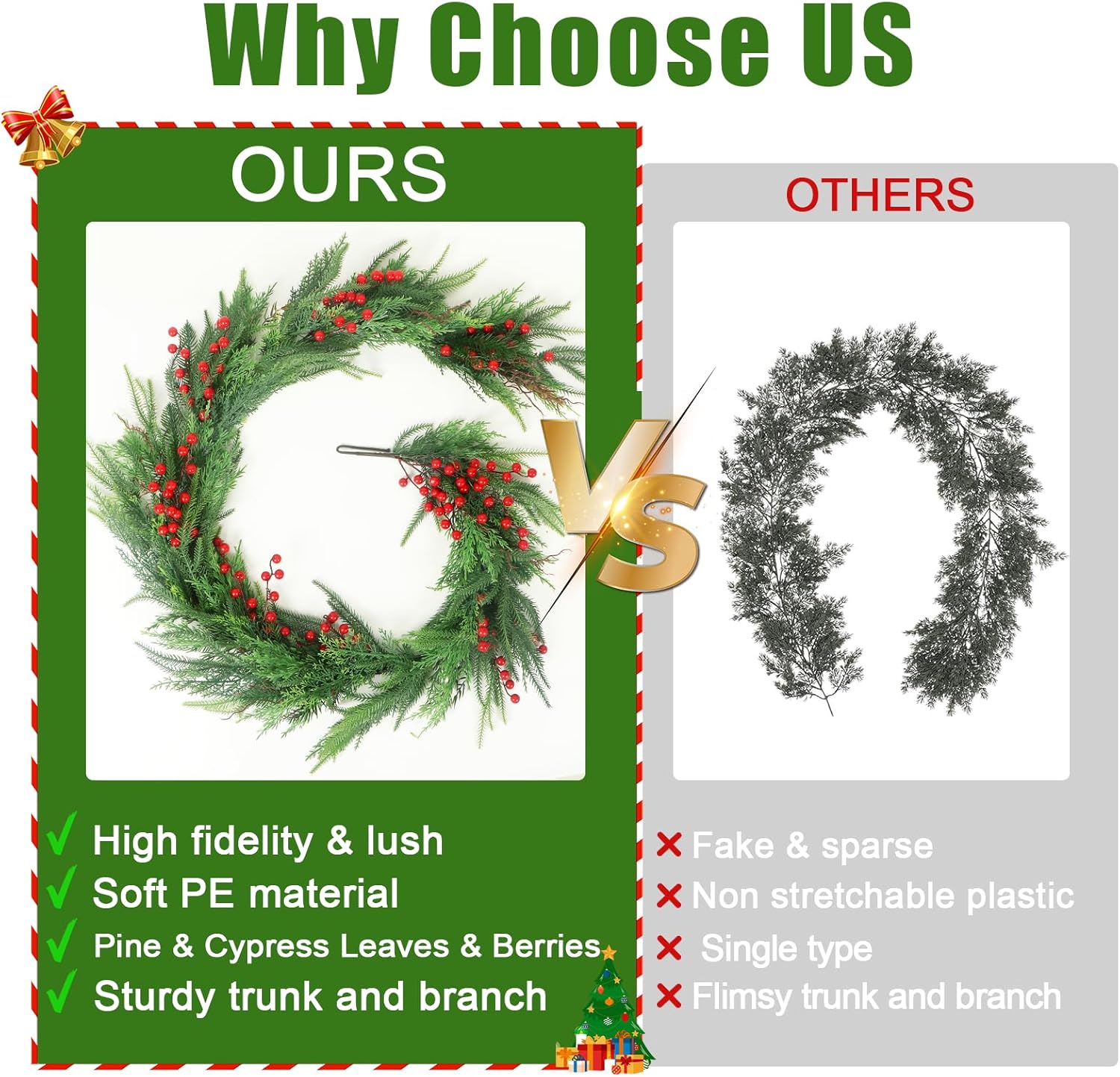 Norfolk Pine Cypress Garlands with Red Berries, 6Ft Artificial Soft Christmas Pine Garland, Green Real Touch Greenery Garland for Table, Mantle, Staires Railing, Indoor/Outdoor Christmas Decorations.