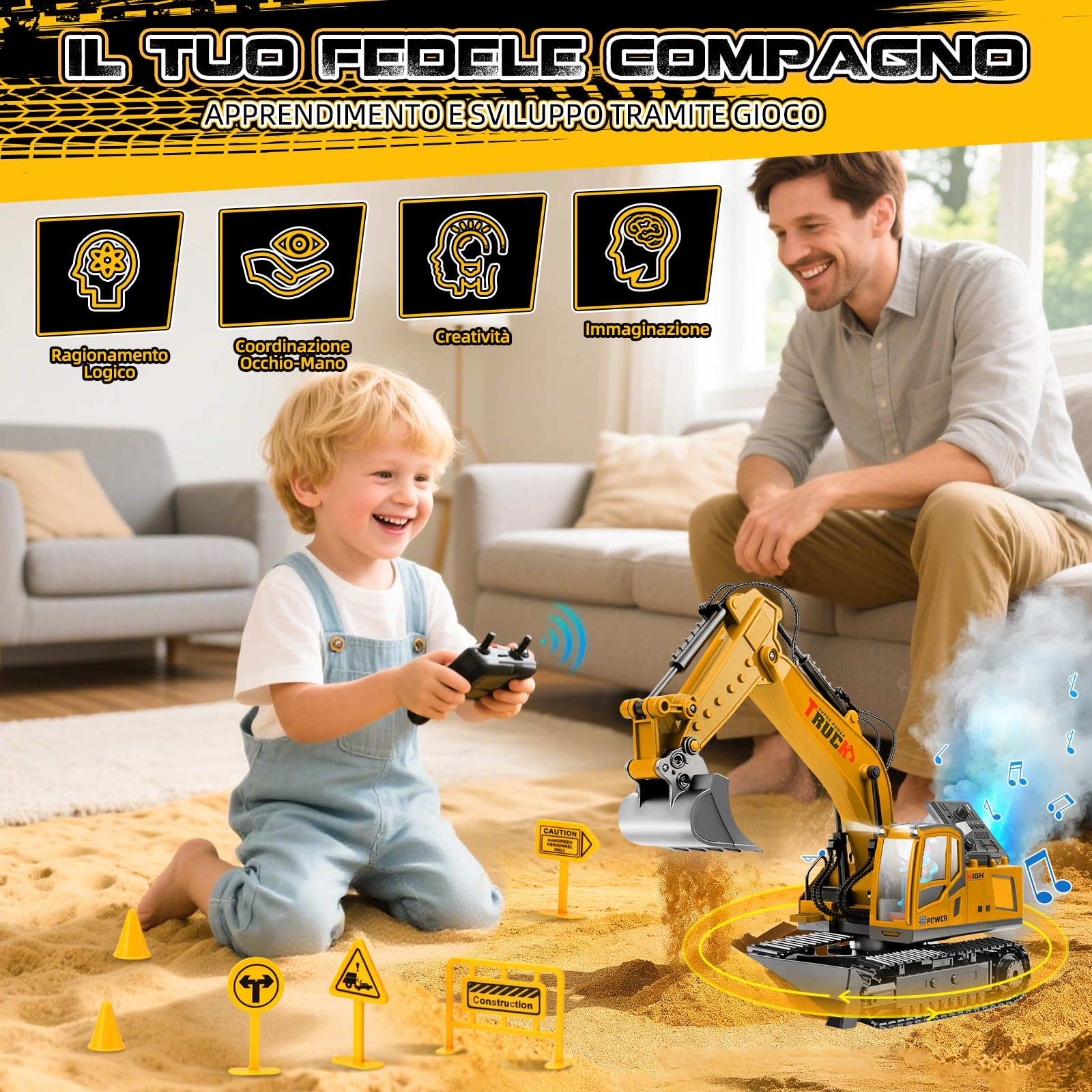 Cheffery Escavatore Radiocomandato, Escavatore Telecomandato Bambini 17 Canali 2,4 GHz Ruspa Telecomandata con Pala Metallica, Driver, Spray, Luci e Suoni, Escavatores Giocattolo Per Bambino 3+ Anni