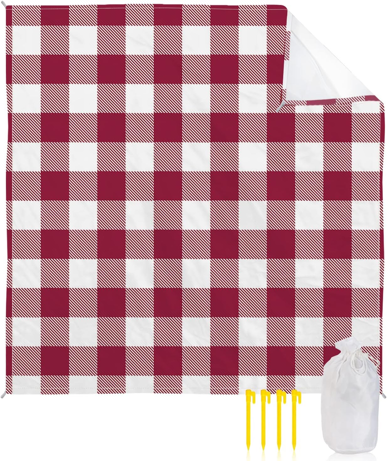 Wine Red and White Plaid Beach Blanket Waterproof Sandproof Outdoor Picnic Mat 95"x80" Modern Rustic Lightweight Large Beaach Blankets with 4 Stake & 4 Corner Pockets