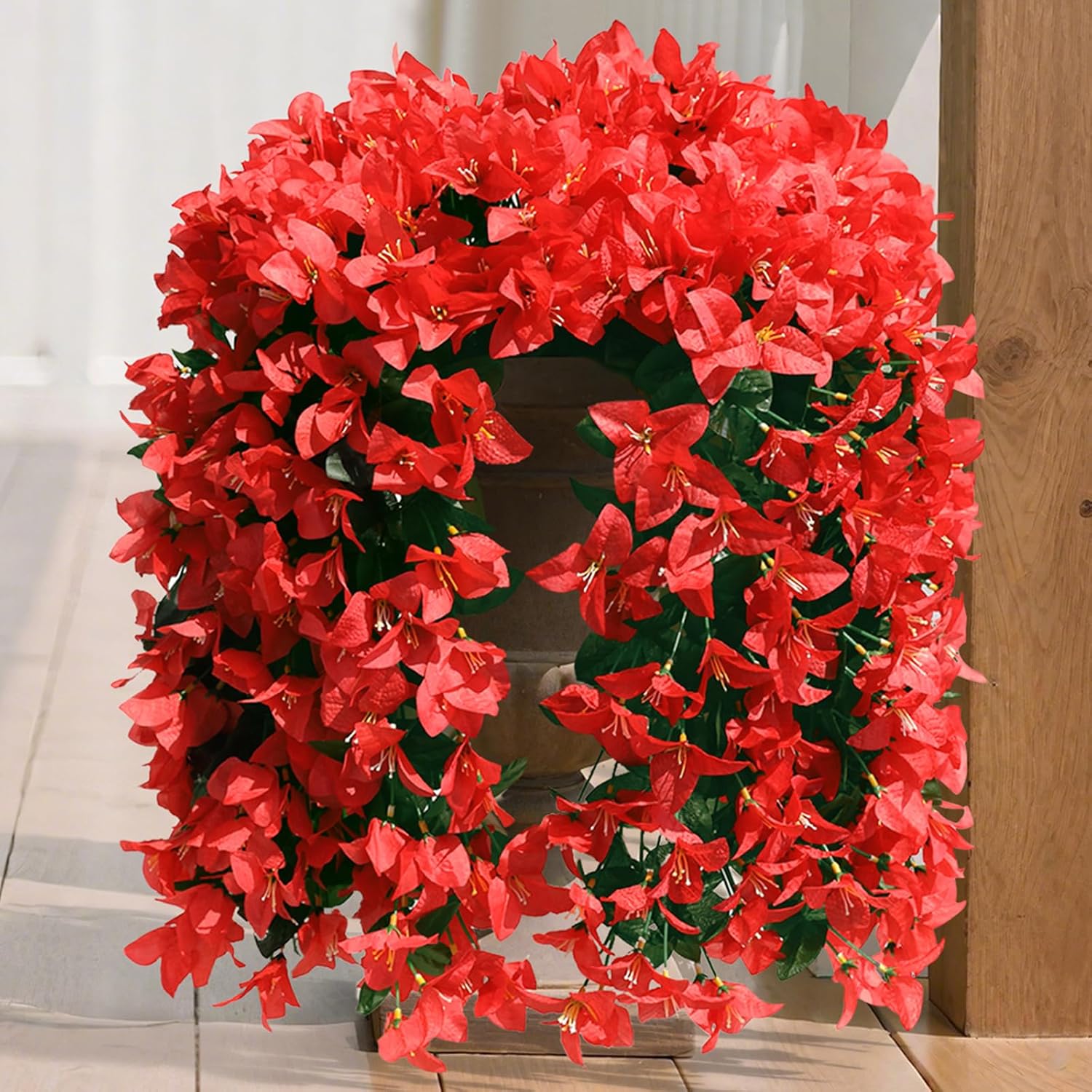 4 PCS Bougainvillea Artificial Faux Flowers Plants for Outdoor Outside Decoration,Red Fake Flowers UV Resistant Look Real Silk Long Trailing Vines for Front Door Porch Planter Urn Patio Garden Yard