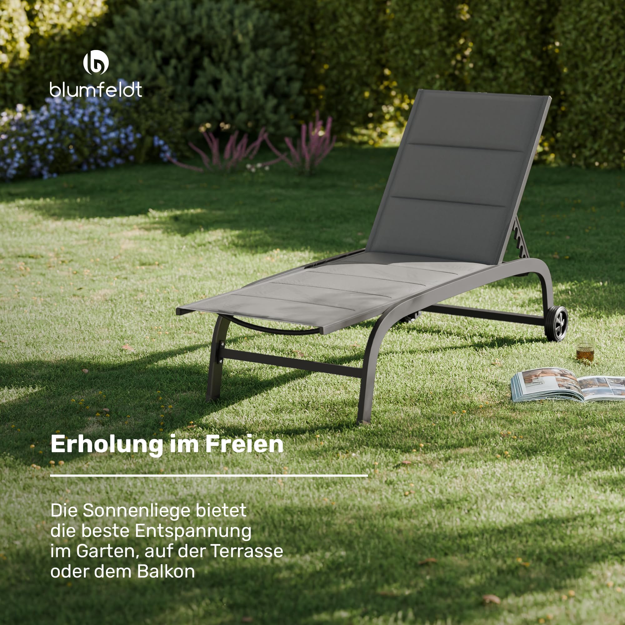 blumfeldt Sonnenliege, Gartenliege mit Verstellbarer Rückenlehne, Liegestuhl mit Rahmen aus Aluminium, Lounger mit wasserfesten Bezügen, mit Bodenrollen, Typ: Limala, schwarz