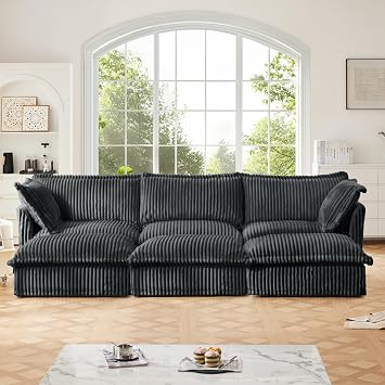 Cloud Modular Sectional Couch - Corduroy Living Room Sofa with Convertible Ottoman Detachable Cover Big Pillows, Modular L U-Shaped Boneless Design Grey, 3-Seater+3 Ottoman