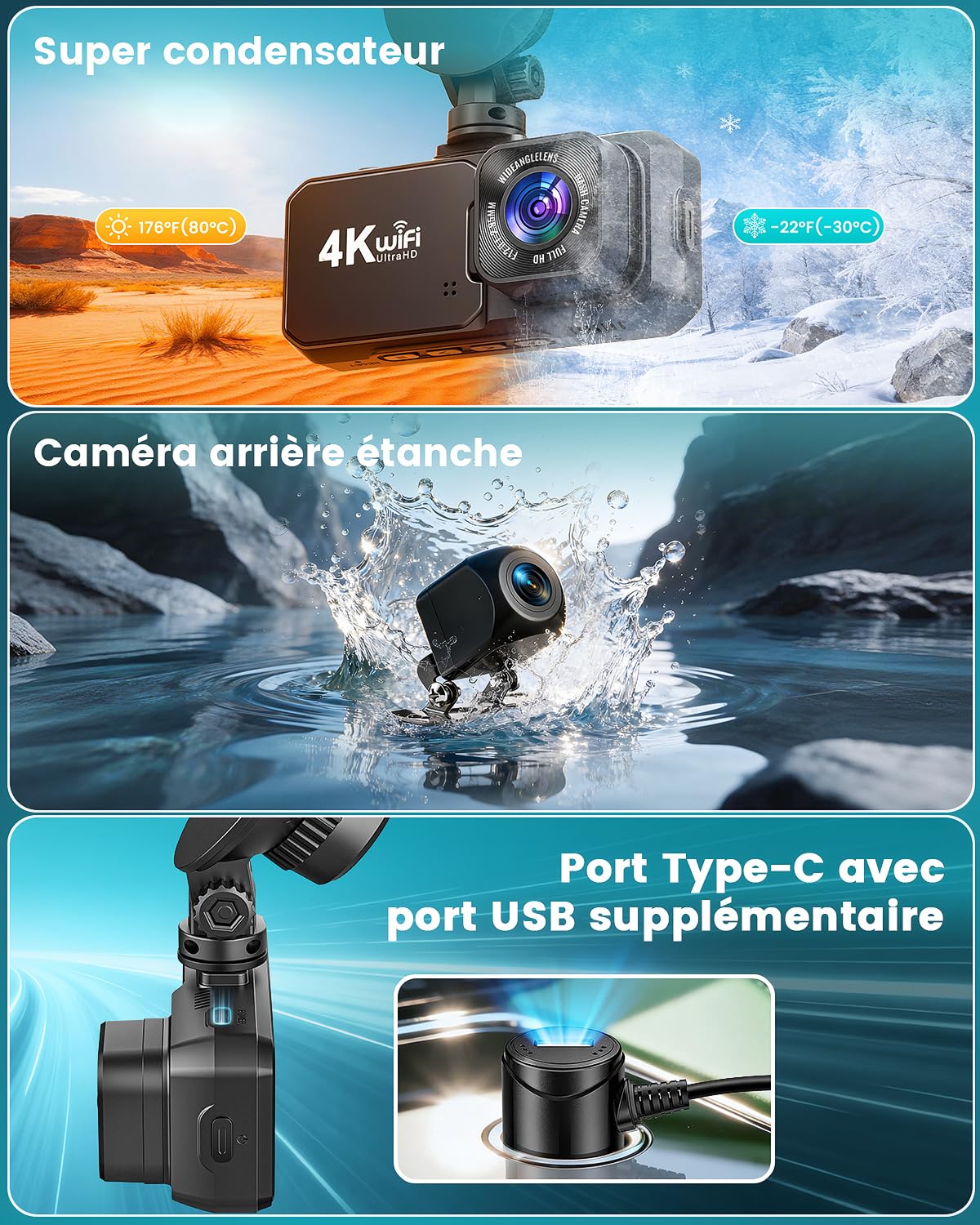 Dashcam Voiture Avant Arrière, 4K+1080P Double Caméra WiFi avec Application, Camera Embarquée Voiture IPS 3.18" avec Carte 64Go Gratuite, Camera Voiture avec Mode de Stationnement 24H