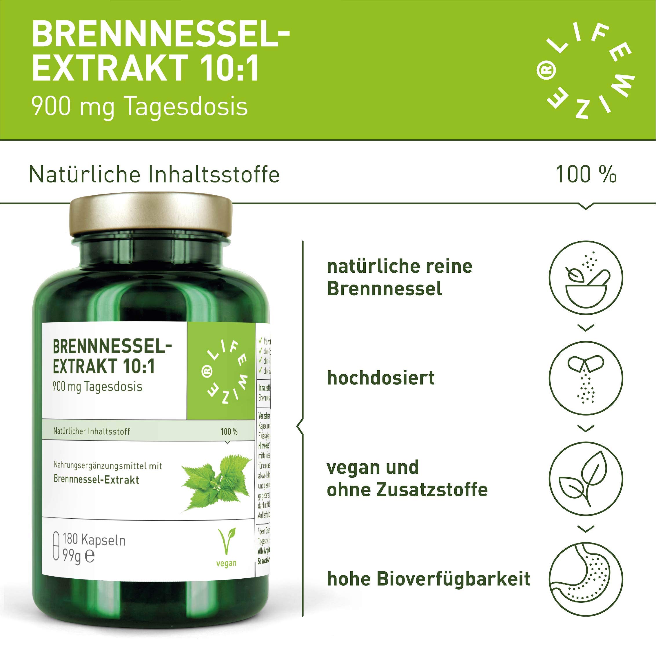 LifeWize® 180 Brennnessel Kapseln - Brennesselkapseln zur Entwässerung - 900mg reiner Brennessel Extrakt 10:1 (Verhältnis) je Tagesdosis - Vegane Alternative für Entwässerungstabletten - Laborgeprüft