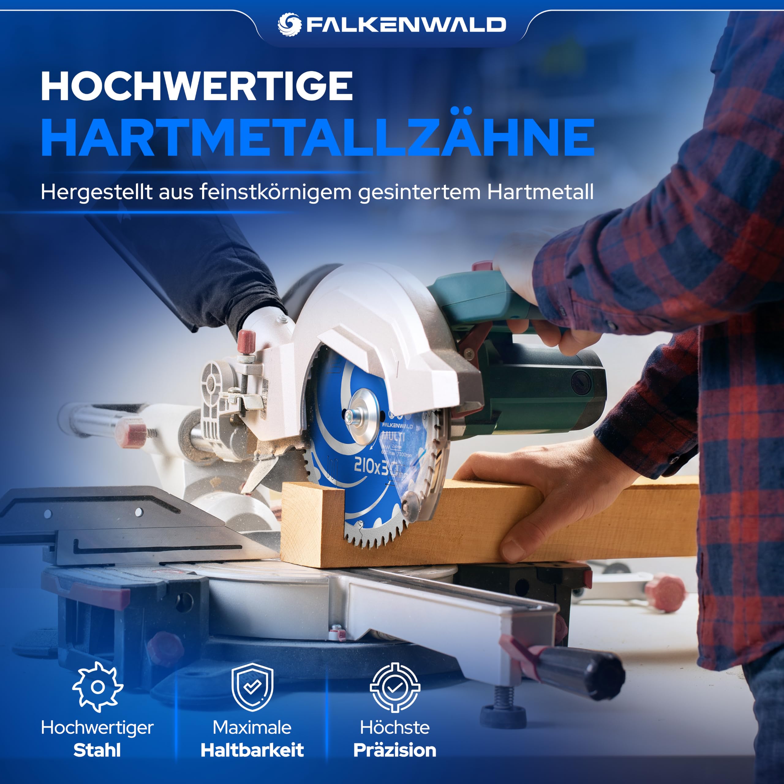 FALKENWALD ® Kreissägeblatt 210x30 mm - Ideal für Holz, Metall & Alu - Sägeblatt 210x30 kompatibel als Kappsägeblatt für Bosch & Makita - Multi Kappsägeblatt 210x30 - Sägeblatt 210