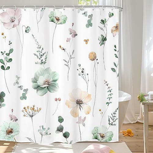 Omifly Cortina de ducha con diseño floral de acuarela de 72 pulgadas de ancho x 72 pulgadas de alto, cortina de ducha de flores verde salvia beige