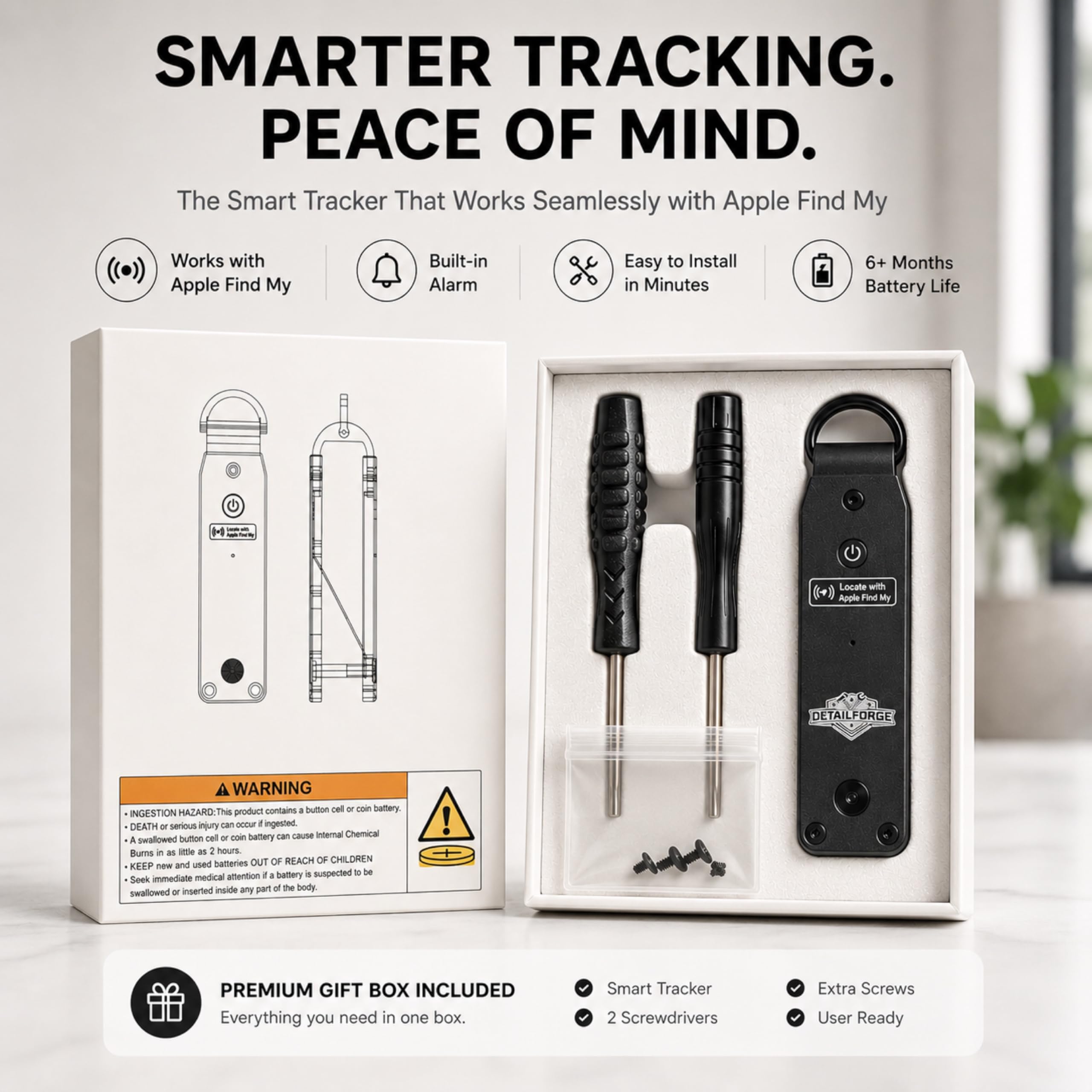 Air Key Schlüssel-Organizer für bis zu 4 Schlüssel, kompatibel mit Apple Find My, mit Bluetooth-Suchfunktion und akustischem Signal (Black)