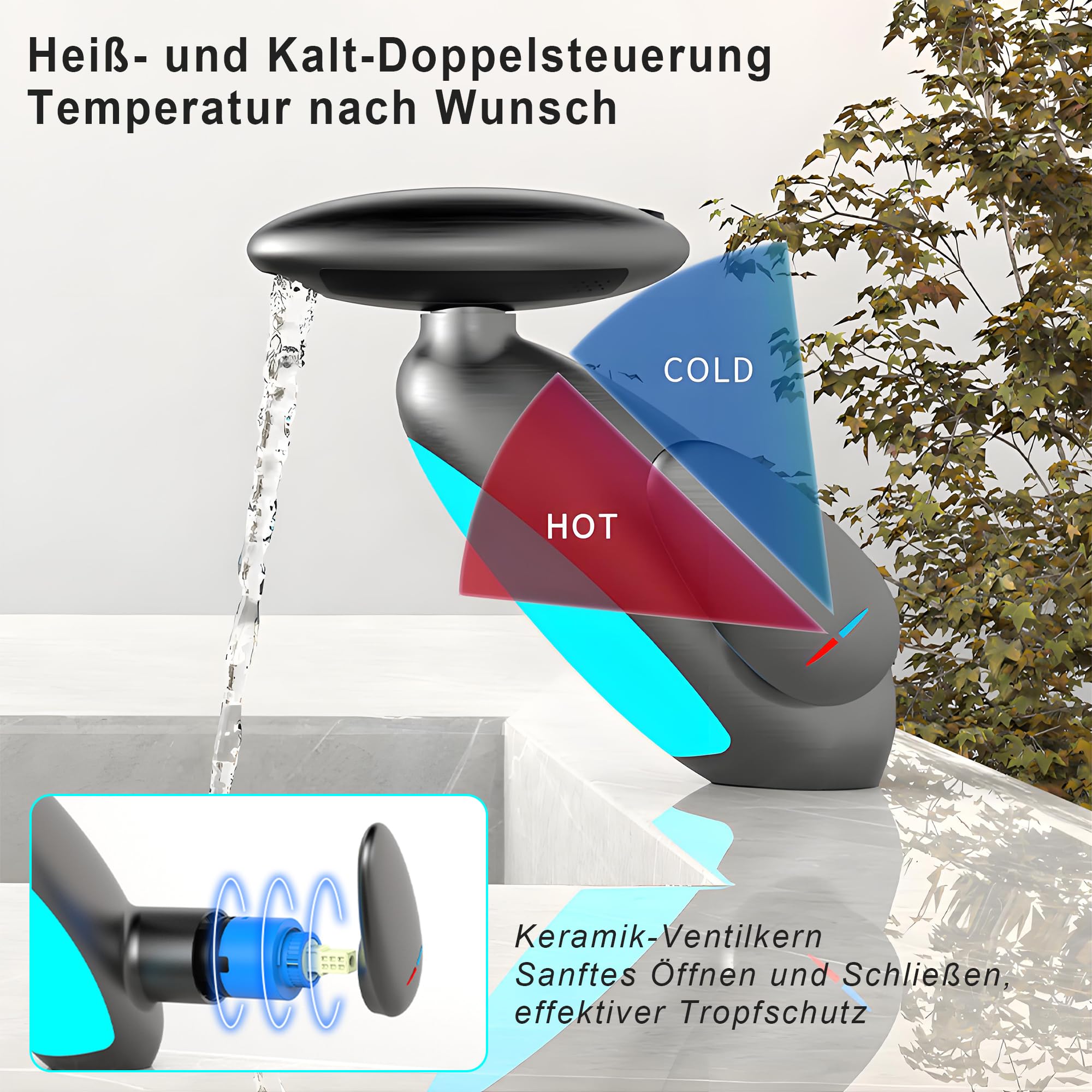 MocArt H3435 Kreativer Wasserhahn, 4-Modus-Wasserauslass, Bad Auszug Waschbecken Wasserhahn, Hotel Warm und Kaltmischhahn, Keramikventilkern, Wassersparendes Design (Weiß)