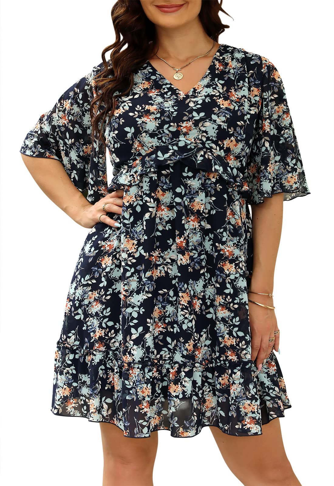 Nemidor Womens Loose Plus Size Summer Ditsy Floral Print Ruffle Mini Flowy Dress NEM314
