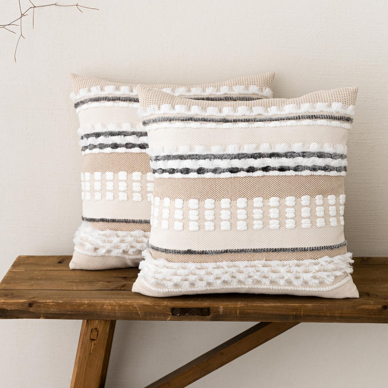 Anna's Whimsy 18x18 Inch Bohemian Set of 2 Boho Beige Pillow Covers Autumn Boho Throw Pillow Covers, Soft Linen Striped Farmhouse Decorative Square Pillows Cover for Couch Bed Living Room Decor