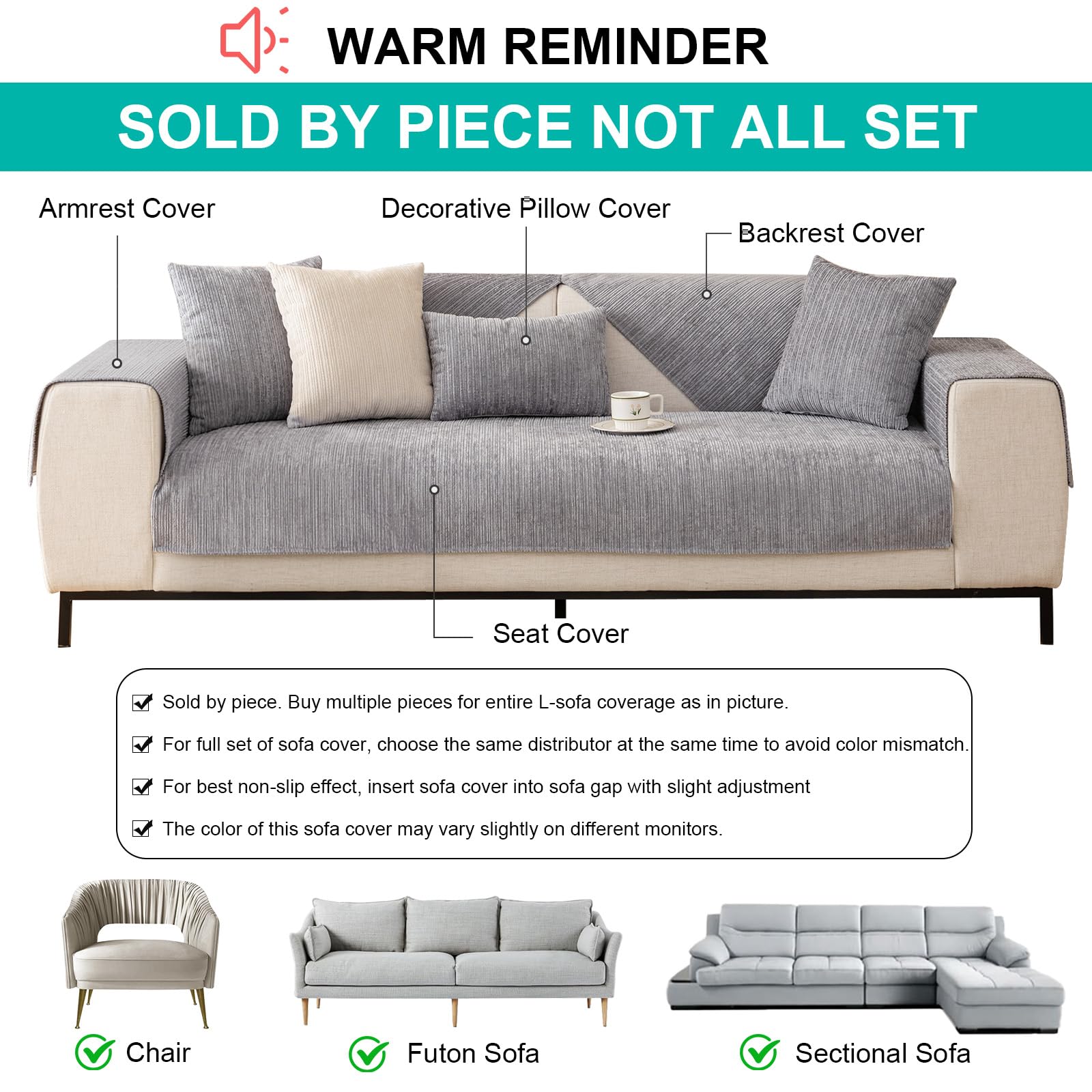 SHANNA Housse de Canapé Épais 1/2/3/4 Places en Forme de L, Couvre Canapé Protege Housse de Canapé Universelle Antidérapante en Fausse Fourrure pour Salon(Chenille Douce Gris, 70 x 150cm) - 2