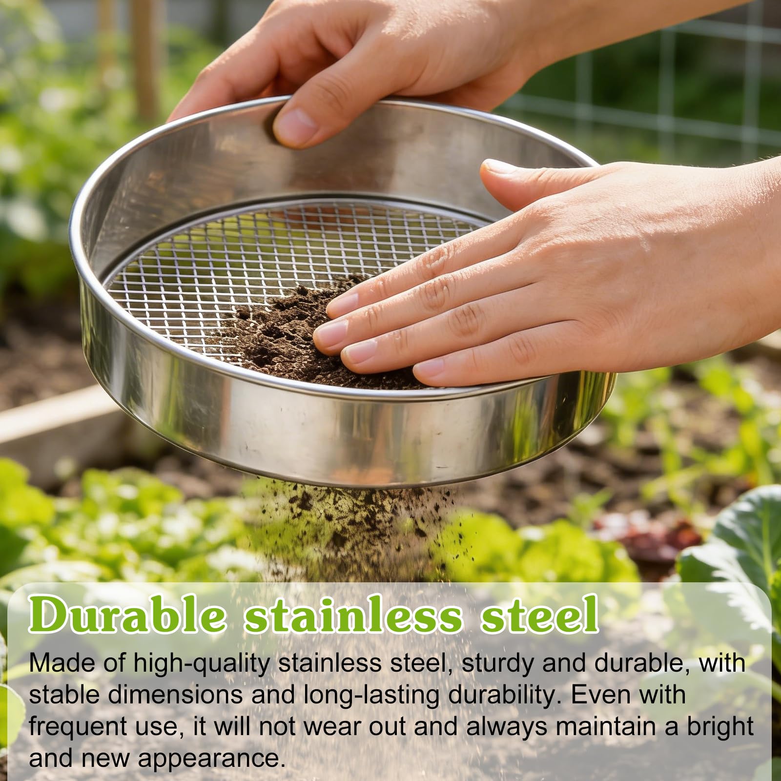 GOMETY Colino da giardino in acciaio inox 5 in 1, colino per compost rotondo, 20 cm, con 5 inserti intercambiabili Ø 3/6/9/10/12 mm, filtro per terra per compost di terra, con paletta da giardino e