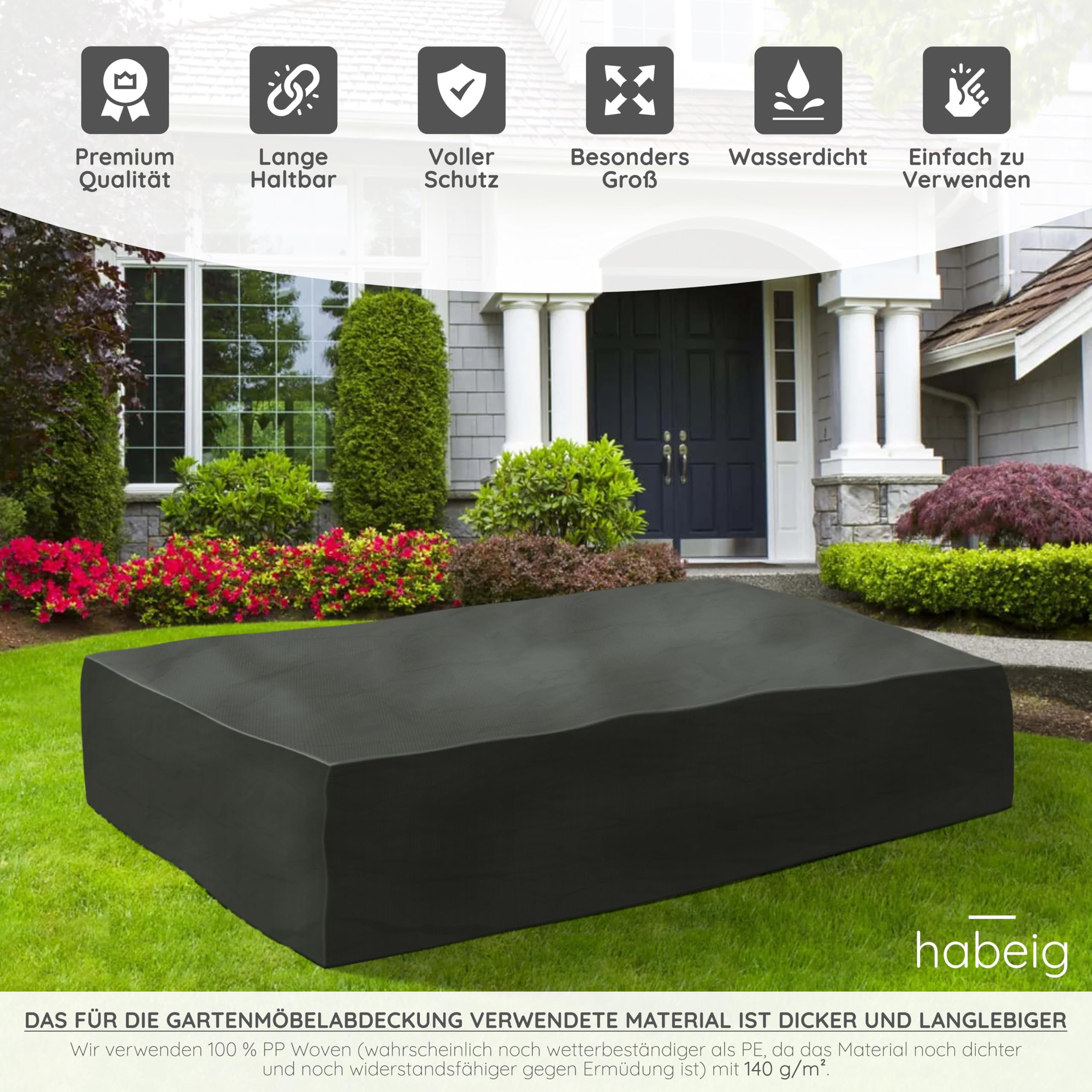 habeig Schutzhülle Abdeckung Gartenmöbel 300x250x90 cm PP-Woven wasserdicht für große Sitzgruppe Schutzhaube