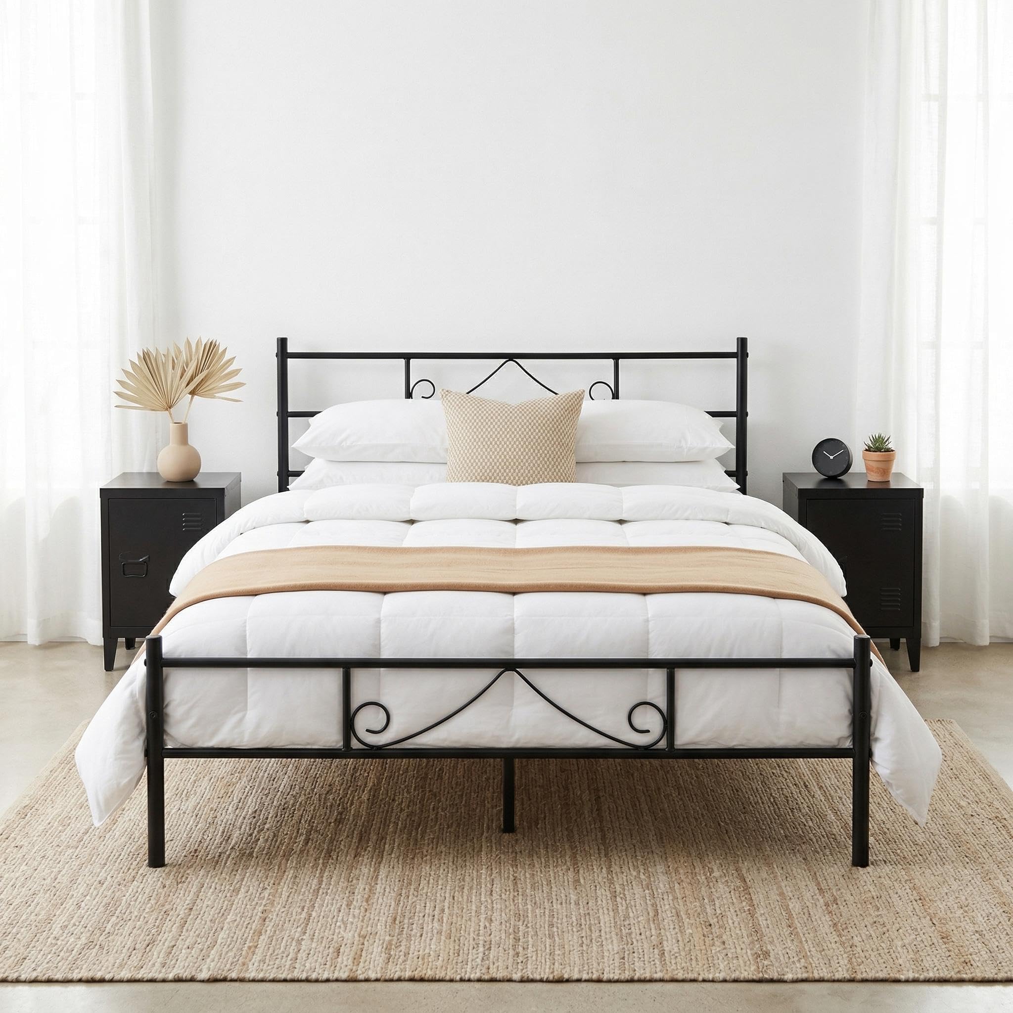 FurnitureR Black Metal Double Bed Frame with Decorative Headboard, Heavy Duty Steel Slats, Noise-Free Support, No Box Spring Needed, Easy Assembly