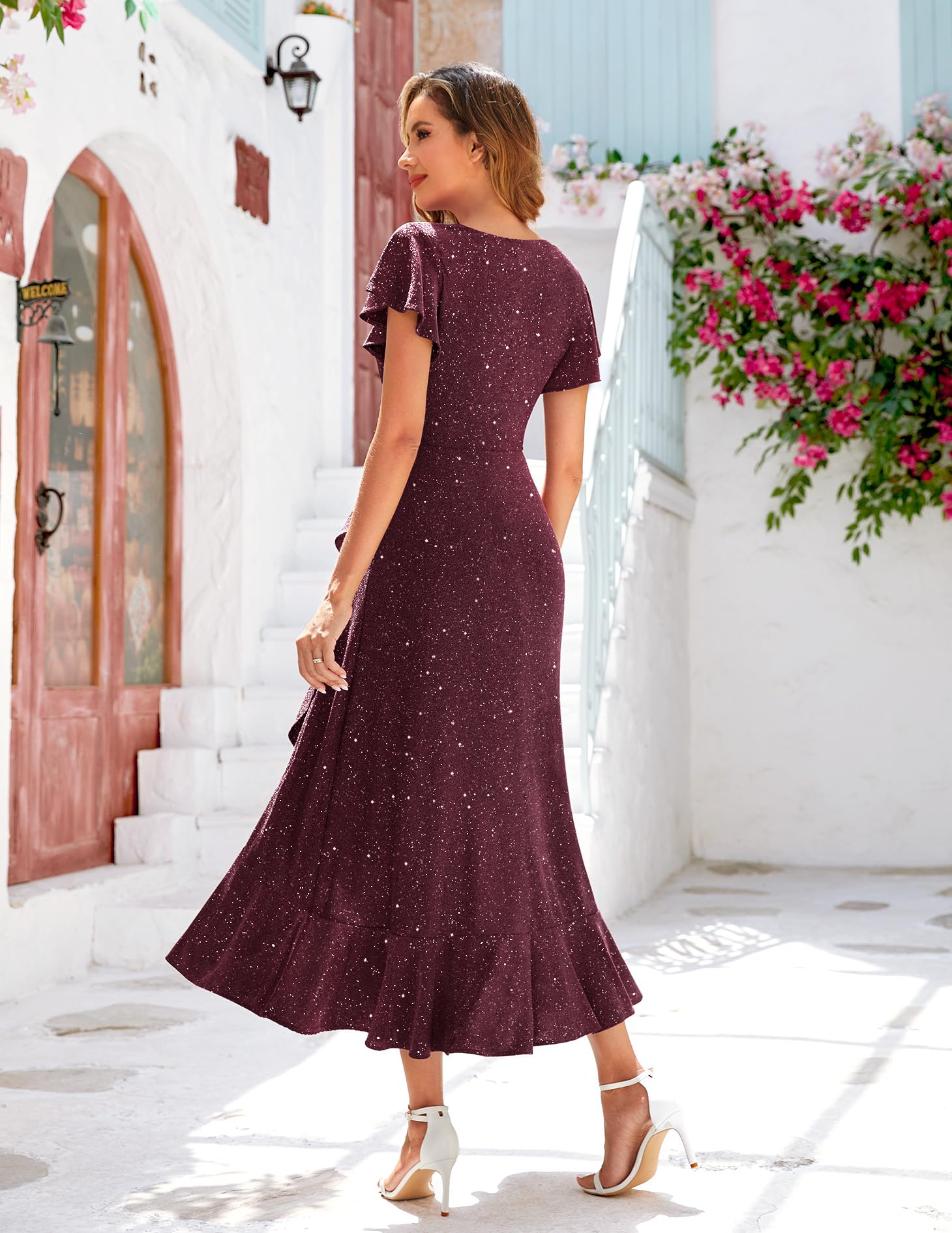 Berylove Vestido de noche largo para mujer, vestido de fiesta con volantes, vestido de fiesta para boda, vestido de fiesta, elegante, marrón, XL