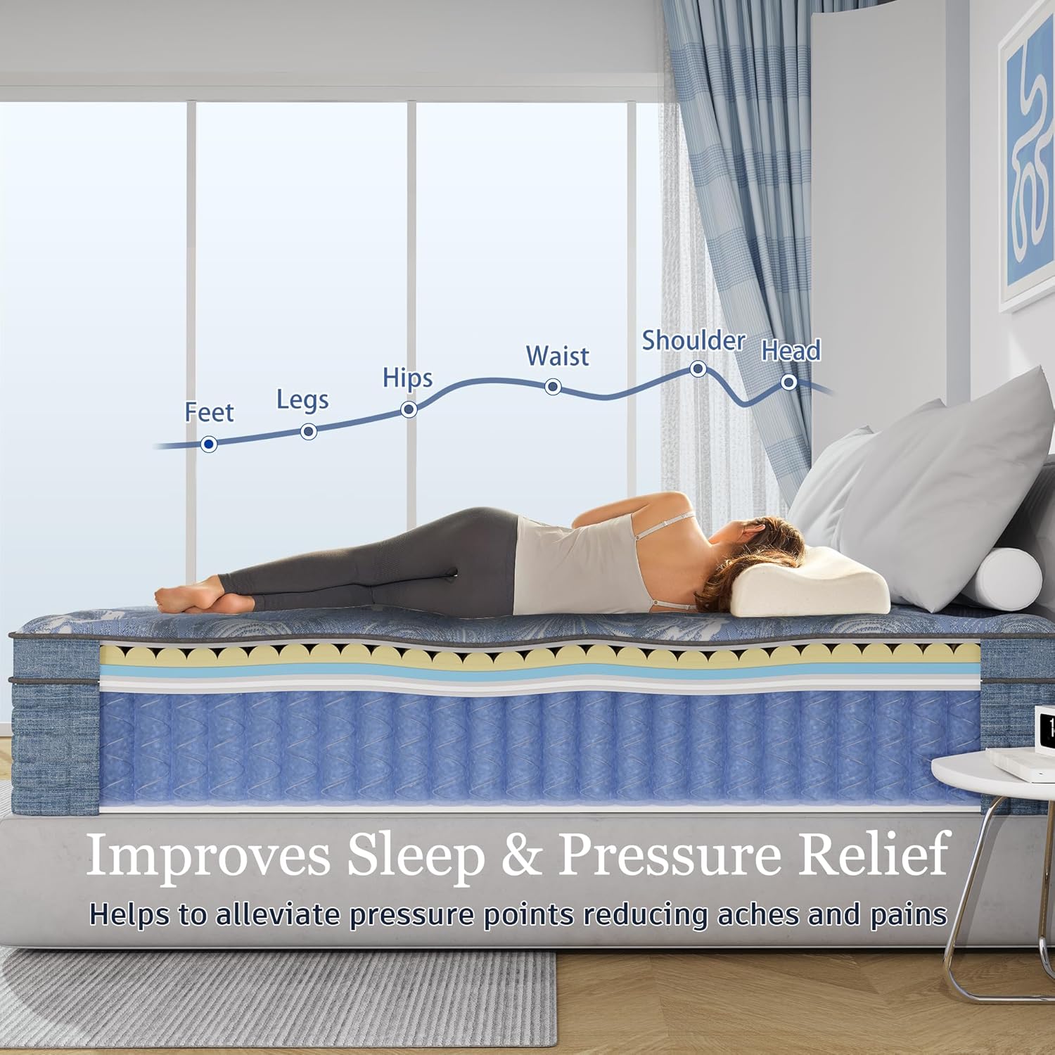 Queen Size Mattress,10 Inch Hybrid Memory Foam Blue Mattress,Pocket Springs Fast Rebound,Cooling Comfort,Medium Firm Mattress in a Box,Pressure Relief