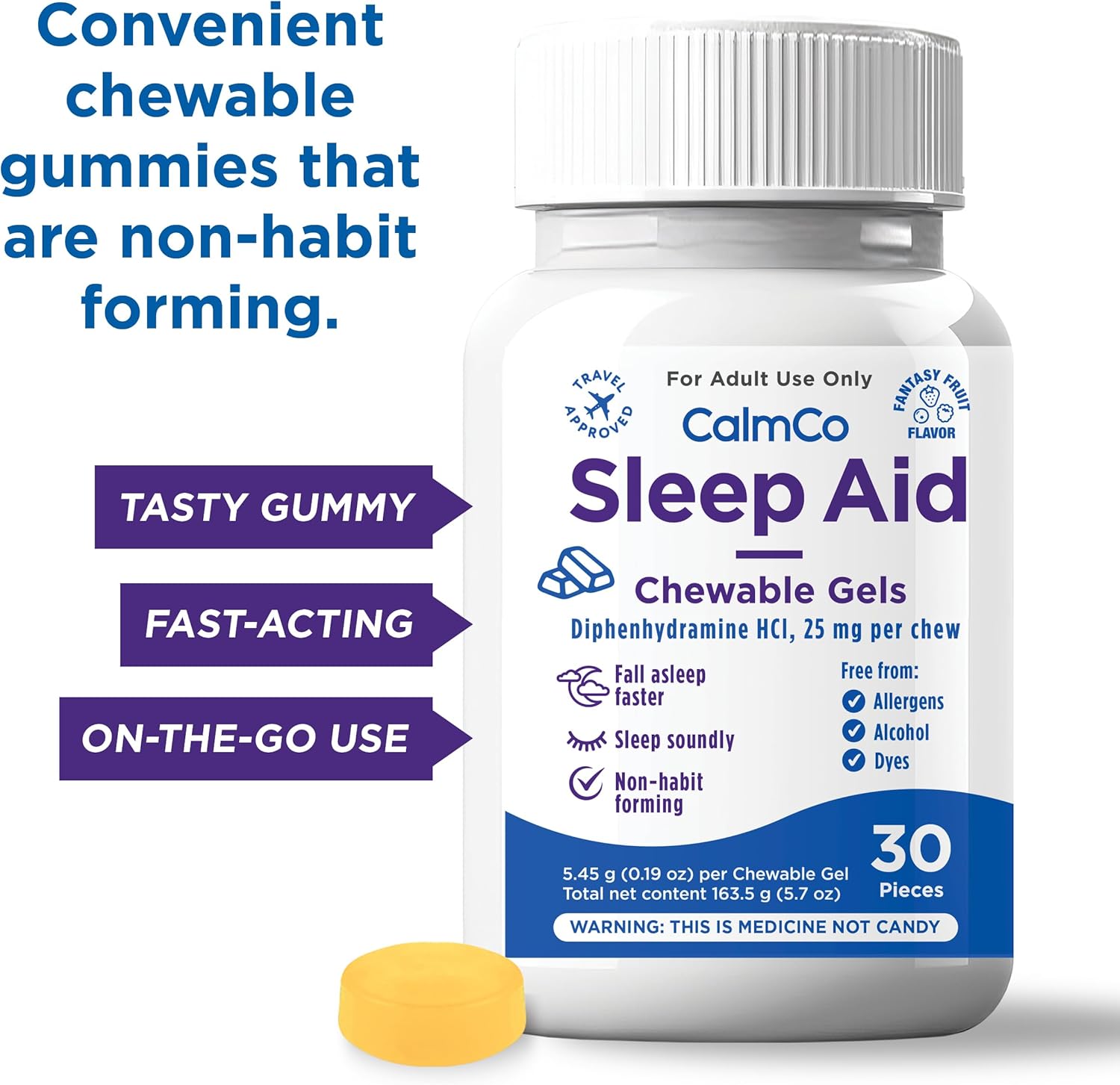 CalmCo Adult Sleep Aid Chewable Gels – Nighttime Sleep Support with Diphenhydramine HCl 25 mg, Non-Habit Forming, Promotes Better Sleep and Helps You Fall Asleep Faster, Fantasy Fruit Flavor, 30 Count