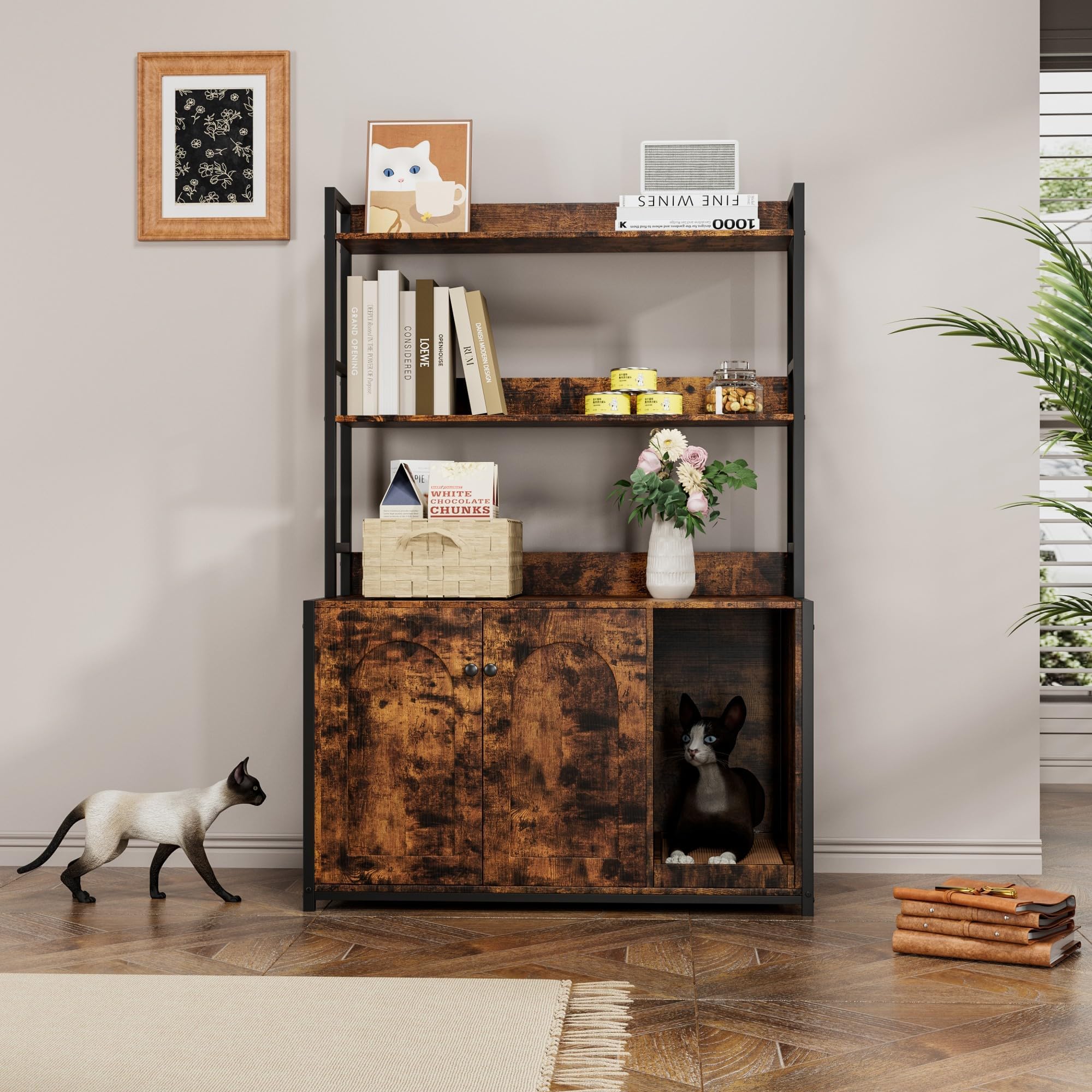 Katzenklo Schrank, Versteckte Katzentoilette Möbel aus Holz | Katzenhaus, Beistelltisch mit Katzentoilette, mit 2 Ablagen und Seitentür, mit Kratzbrett, 89 x 45 x 132 cm