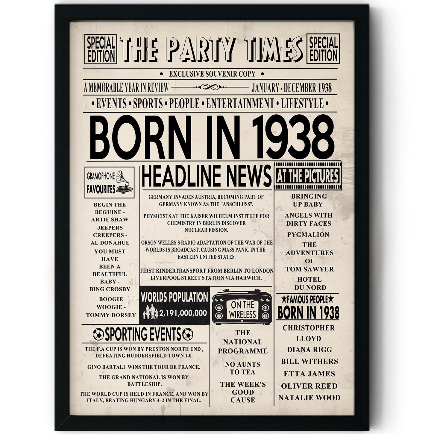 Stuff4 Men's 1938 88Th Birthday Poster Framed - Born In Newspaper - Happy 88Th Birthday Gifts For Wo Vintage Retro Back In 8X10 Inch Bday Party Decor Decoration