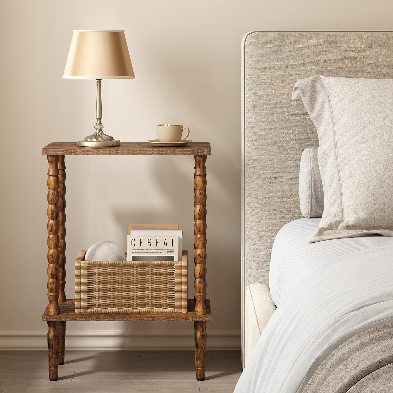 TUTOTAK Narrow Side Table with Solid Wood Legs, 2-Tier Small End Table