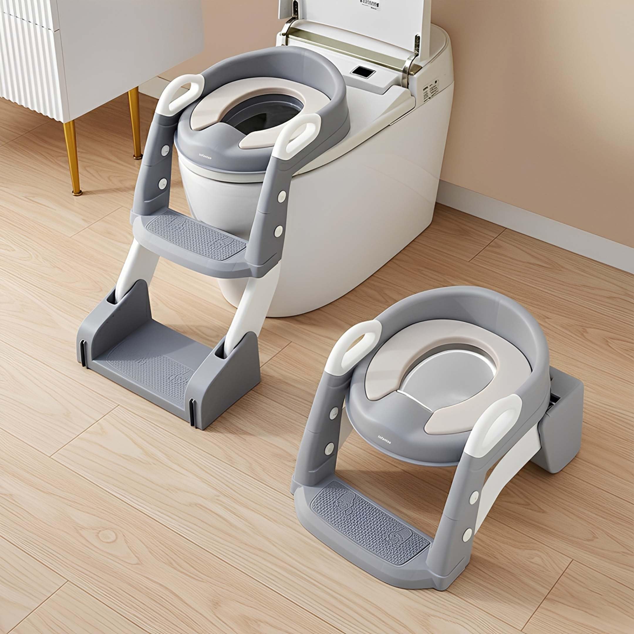 Infantso NORA (3-in-1) Baby Potty Ladder Seat for Kids 1-5 Years|Foldable with Height Adjustment & PU Cushion, Fits All Western Toilet Seat, Baby Potty Training Seat with Splash Guard, Handle, Ladder-image-44