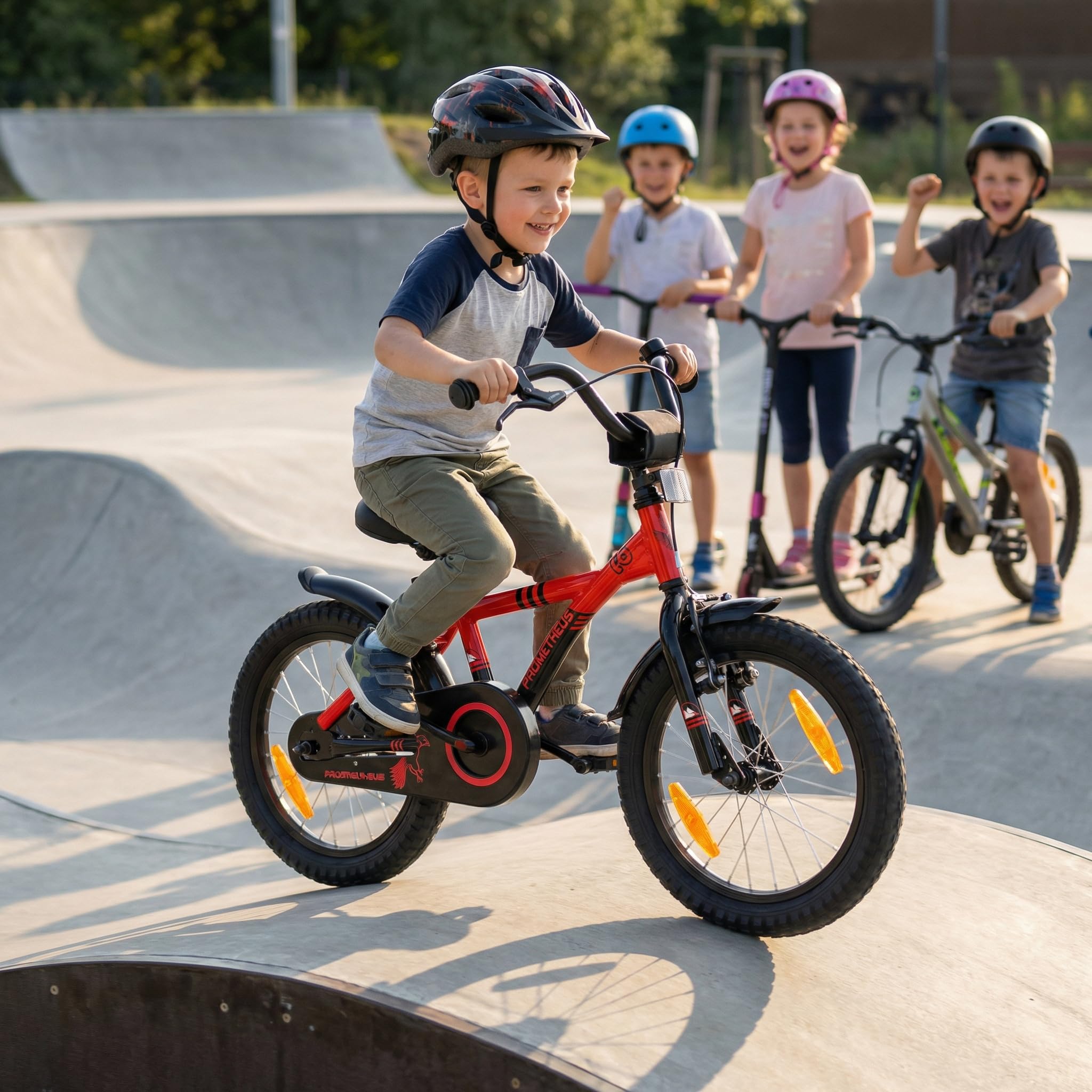 PROMETHEUS BICYCLES Bicicletta Bambini 5-7 Anni Bici per Bambina Bambino 16 Pollici Bimba con rotelle e Freno contropedale rosso nero