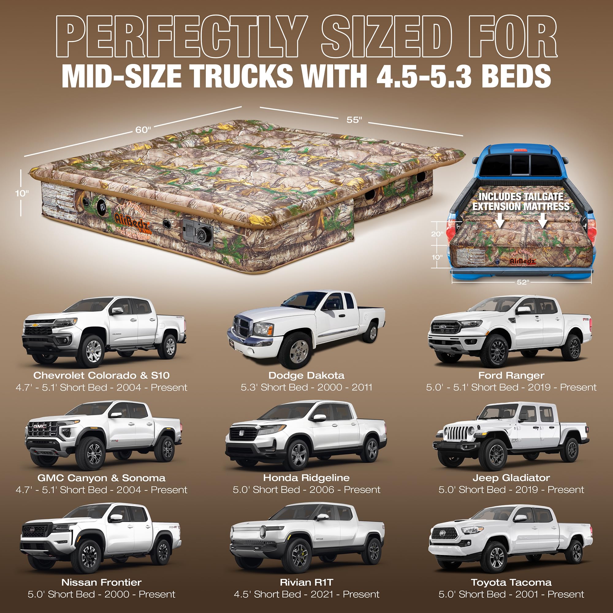 AirBedz RealTree Camo PPI 405 średni rozmiar 13,5 cm krótkie łóżko z wbudowaną baterią akumulatorową pompką powietrza z materacem tylnej klapy, 1 opakowanie