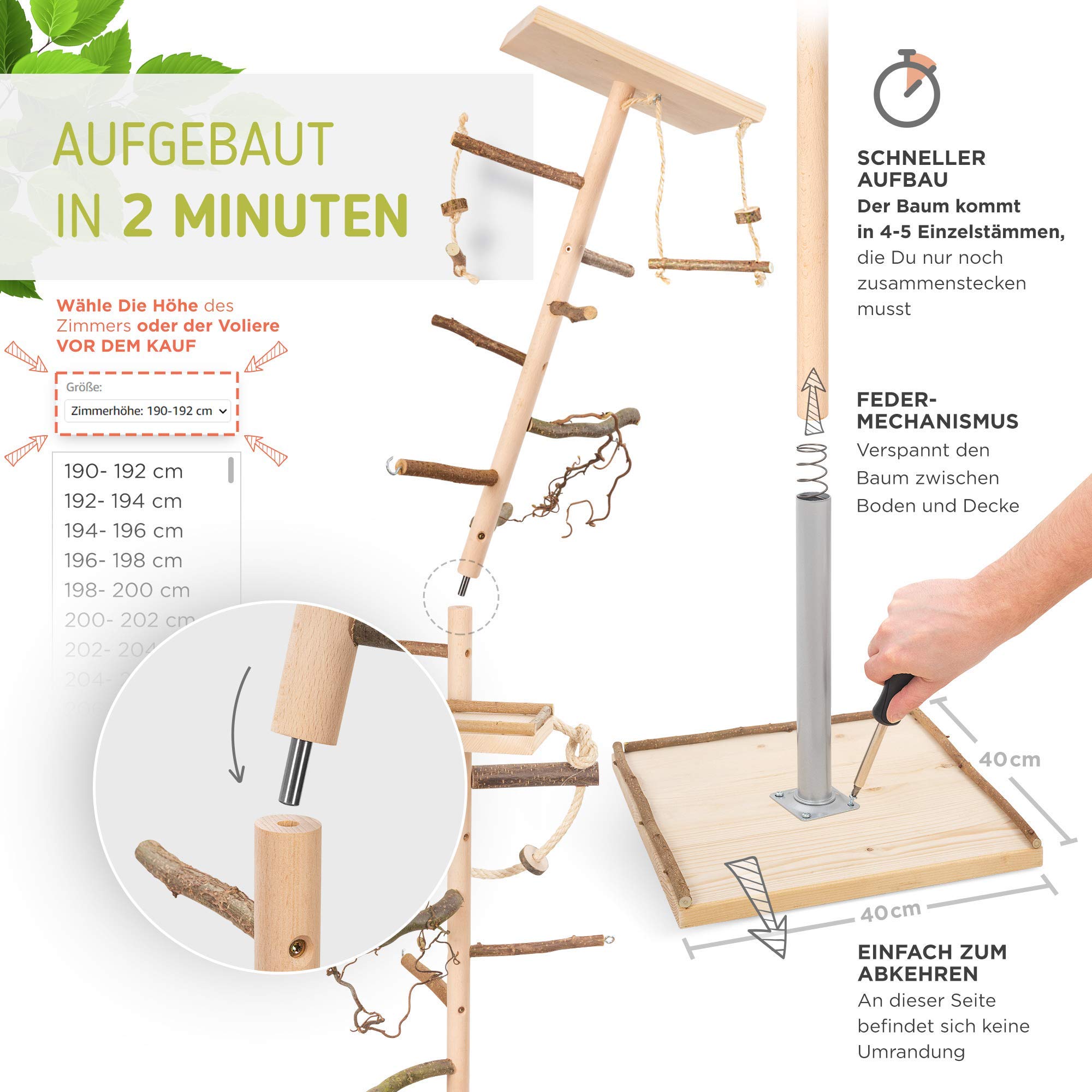 Vogelgaleria® Zimmerhoher Vogel-Kletterbaum 250-252 cm HiFly Medio mit Naturholz-Sitzstangen, Vogelspielzeug Vogelschaukel Vogelspielplatz Freisitz Freiflug Landeplatz für Wellensittich Nymphensittich