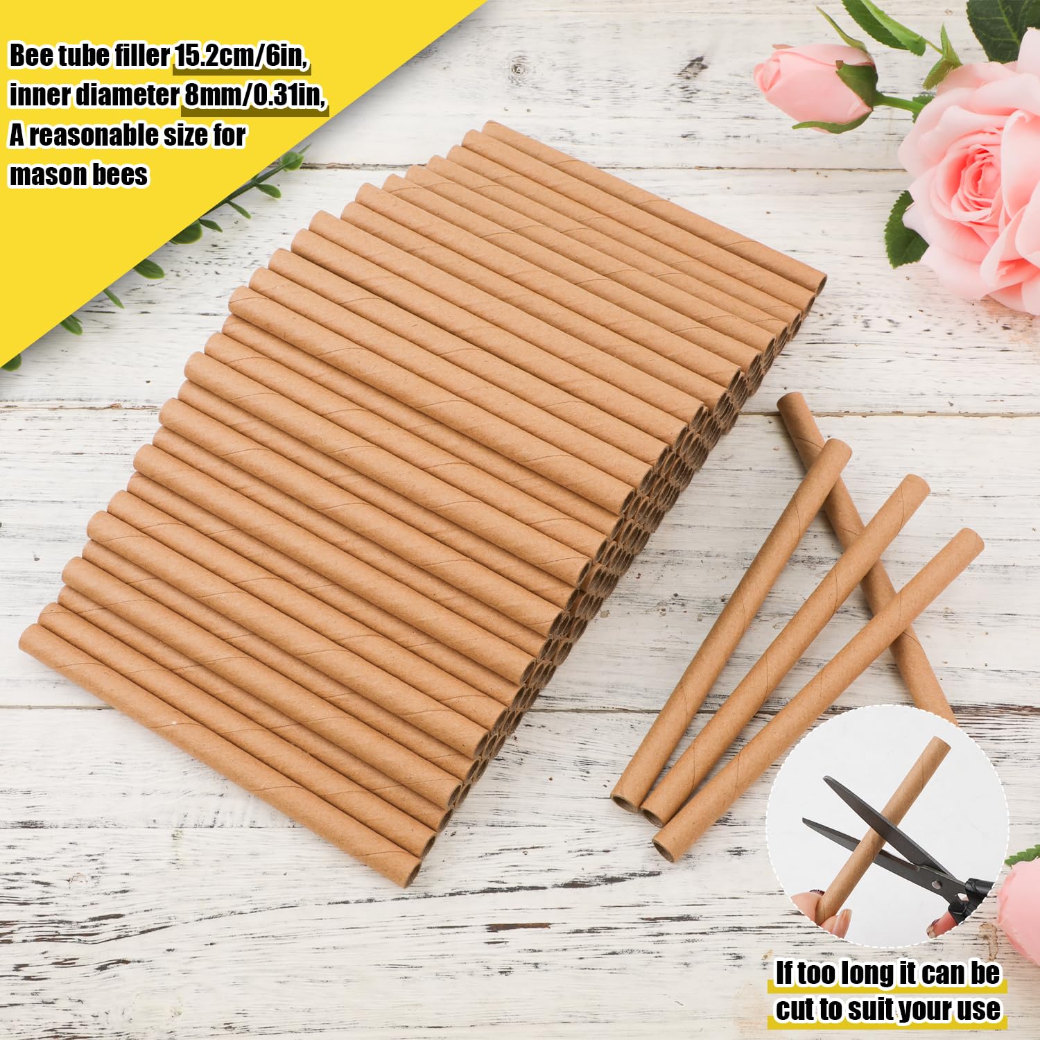 120pcs Mason Maison Abeille, 15,2cm Long Carton Recharges de Tubes d'Abeilles Diamètre Intérieur 8mm Inserts de Tubes Papier Nidification d'Abeilles Remplacement de Tubes Ruches d'Abeilles