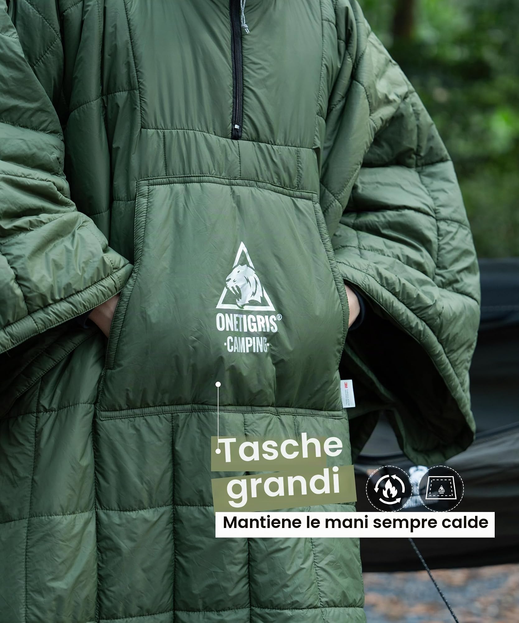 OneTigris Coperta da campeggio con isolamento Thinsulate 3M, coperta impermeabile calda, con grandi tasche, coperta con cappuccio portatile per attività all'aperto, escursionismo, viaggio
