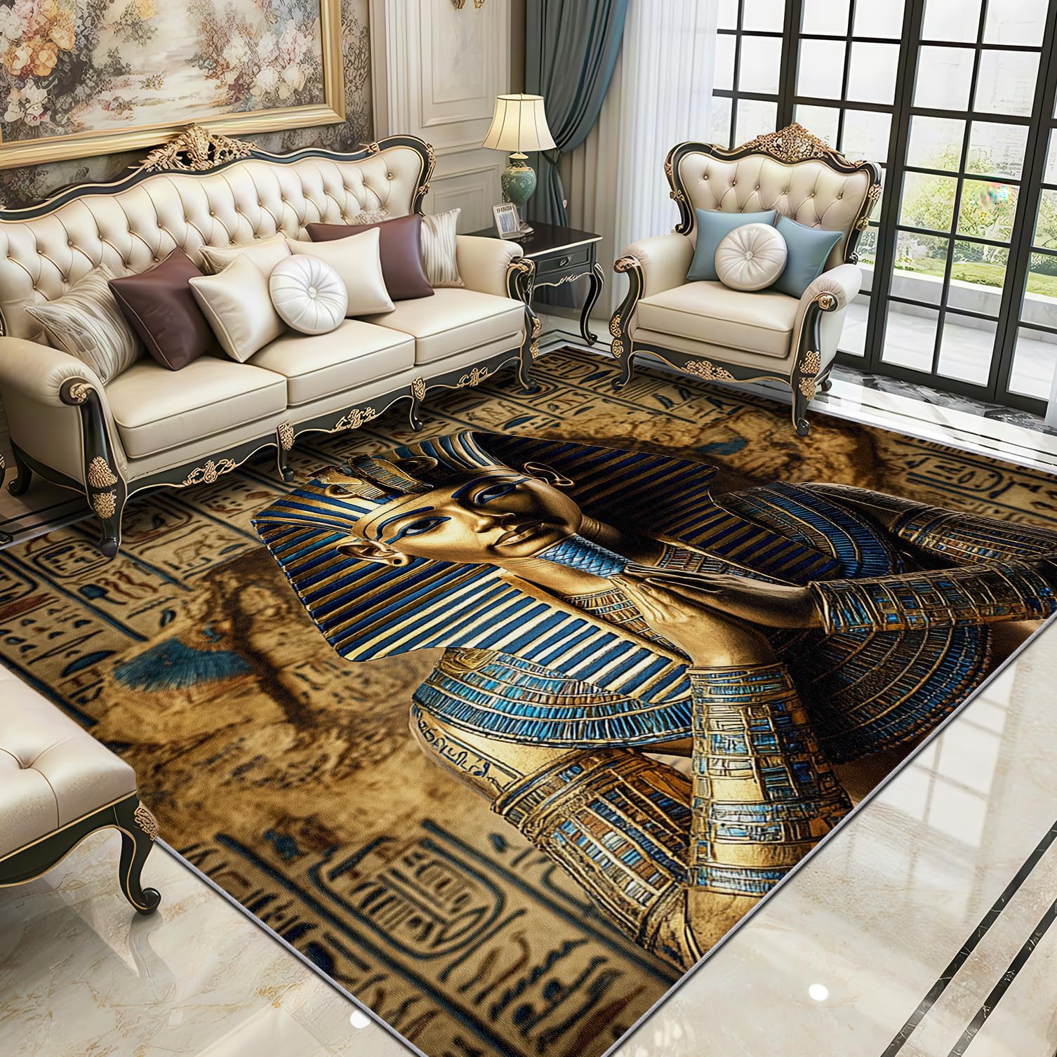 Egyptian Rugs Living Room Large 140x200 - Ancient Egypt Art luxury Bedroom Rug, Pharaoh Hieroglyphics Washable Non Slip Low Pile Carpet, Egyptian House Decor