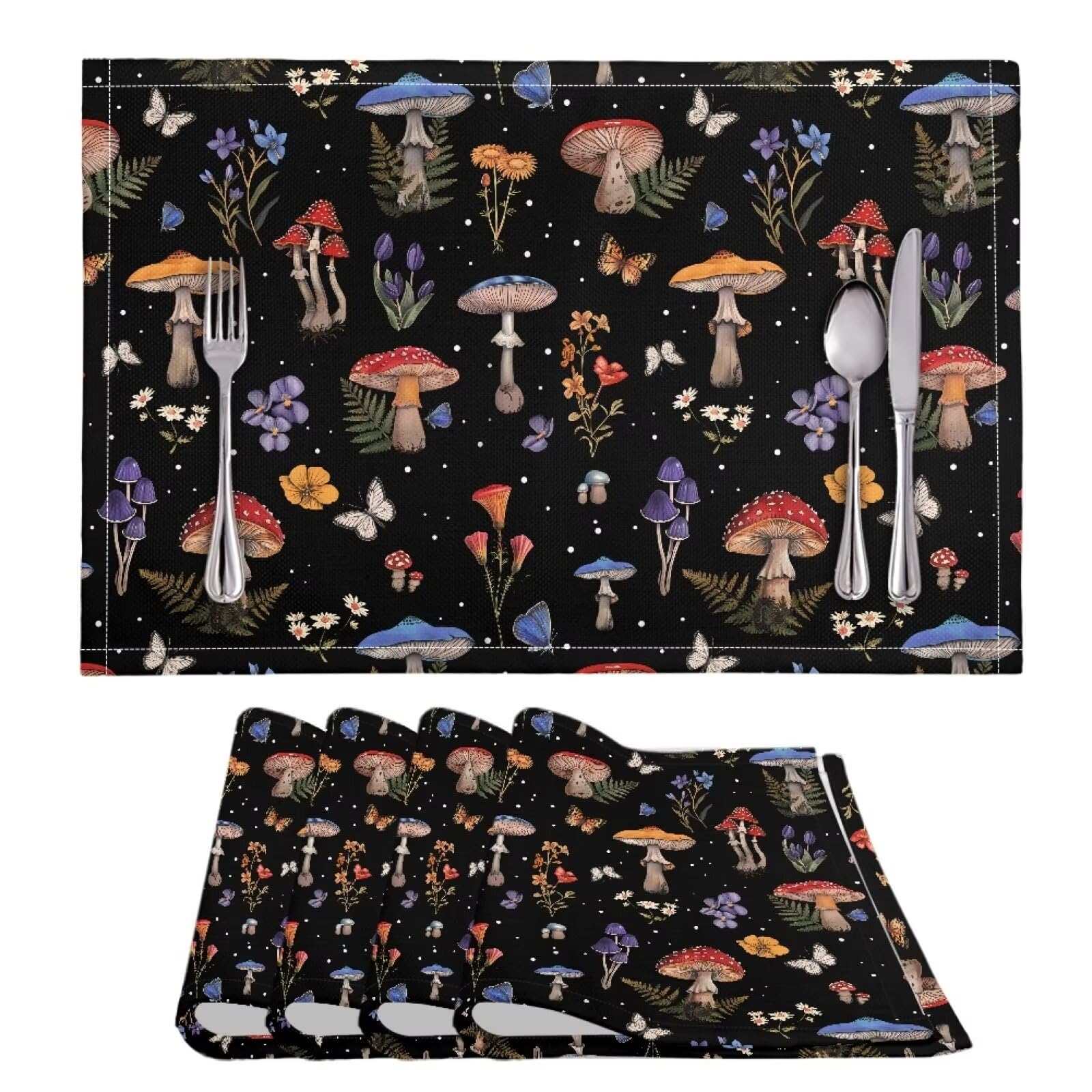 Urndoeng Mushroom Placemats Set,Table Placemats Set of 4,Dining Table Set,Heat Resistant Placemats,Mushroom Kitchen Mat,Mushroom Floral Print 4pc