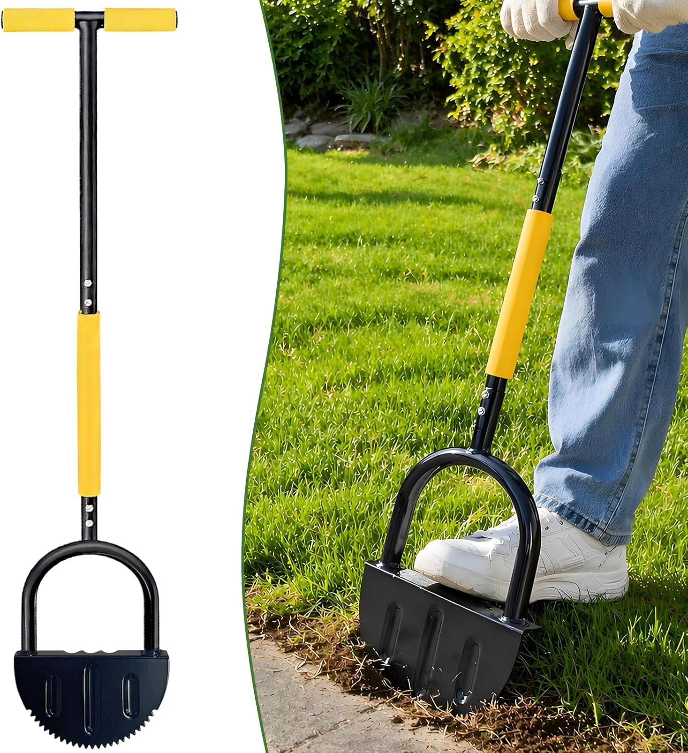 Tagliaerba a Mezzaluna con Lama in Acciaio Seghettata, Attrezzo Manuale Giardino con Manico Lungo e Pedana Antiscivolo per Bordure Marciapiedi, Aiuole, Prati - Robusto ed Ergonomico