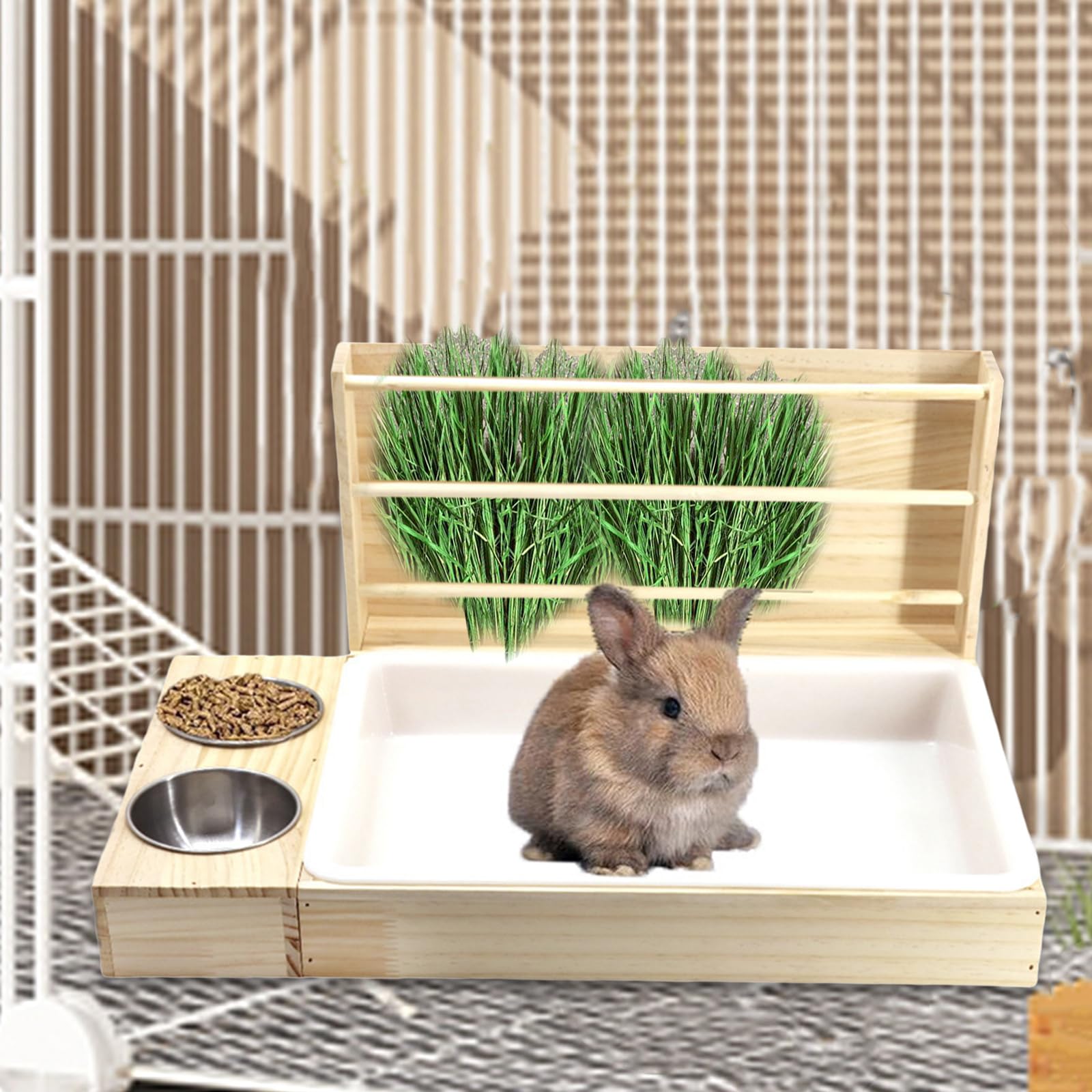 Harilla 3 en 1 Râtelier à Foin en Bois, Mangeoire à Foin avec Bac à Litière, Mangeoire Multifonction Facile à Nettoyer en Bois, Distributeur pour Lapin, Cochons d'Inde, Hamsters, Petits Animaux