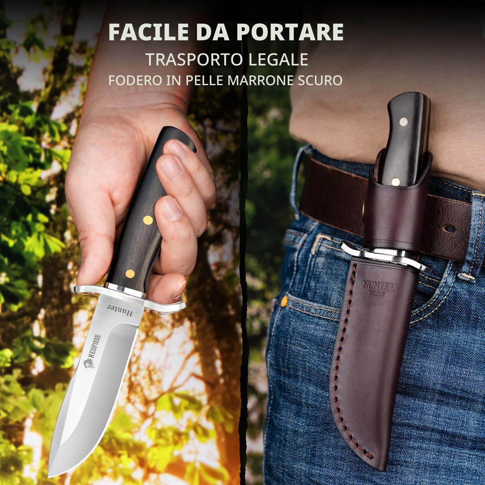NedFoss HUNTER coltello da caccia, 11,4 cm, in acciaio D2, 42a, elegante manico in legno, affilato per esterni con fondina, coltello bowie, in confezione regalo per bushcraft