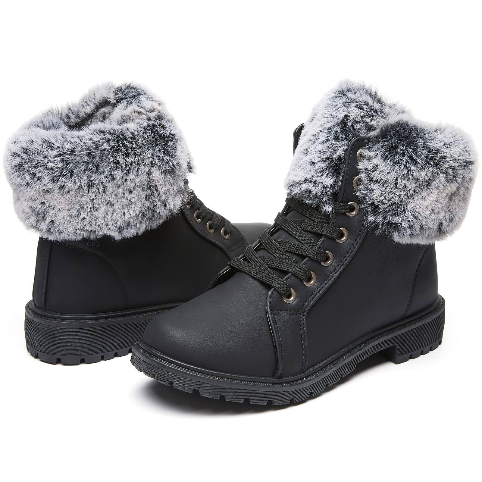 yegeyan Womens Snow Boots PU Winter Ankle Booties Fur Lined Anti-Slip Combat Boots