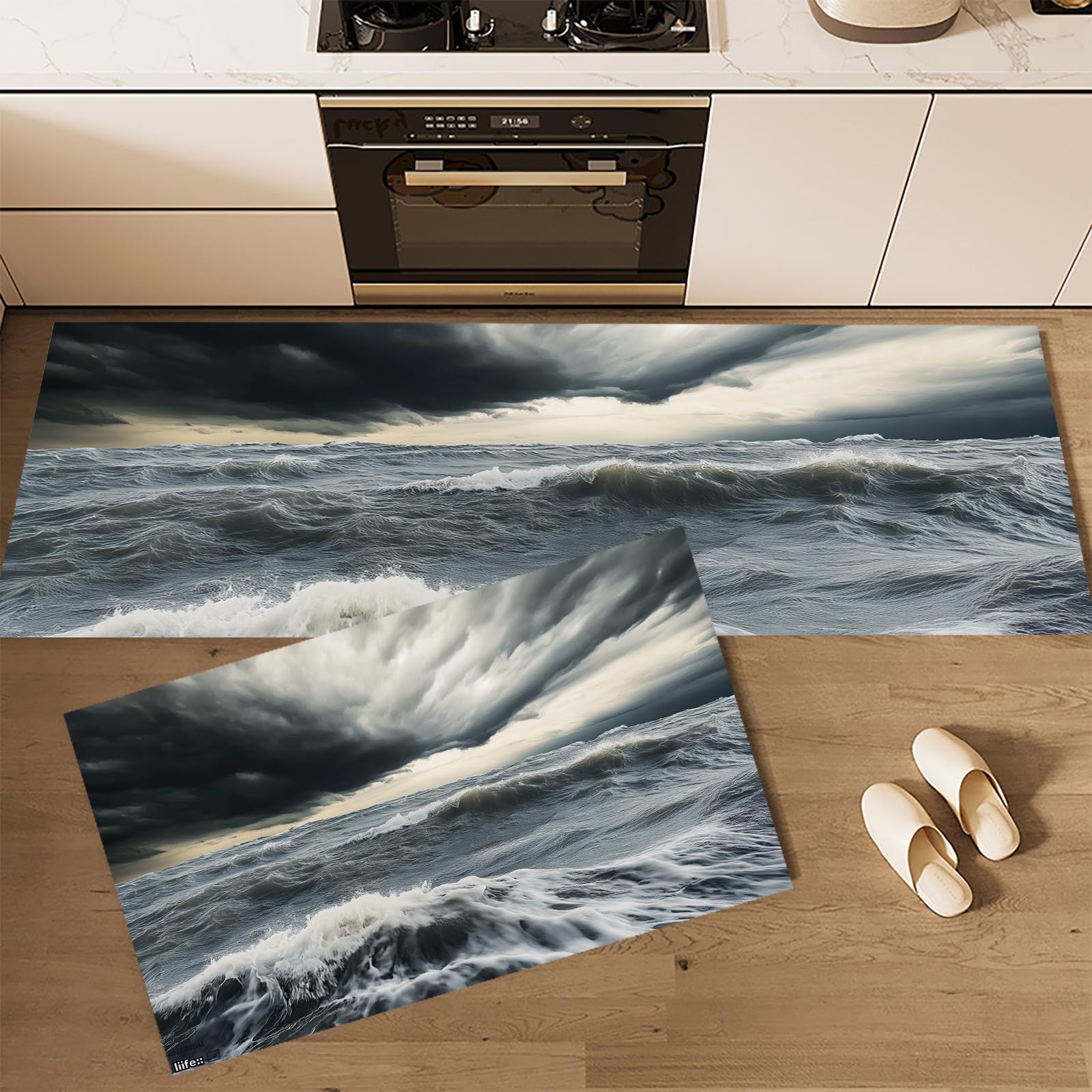 Tapis de Cuisine Zone de mer agitée antidérapant 2 pièces, Tapis de Cuisine Durable et Lavable pour la Salle à Manger, Le Salon, 43×75cm+43×150cm