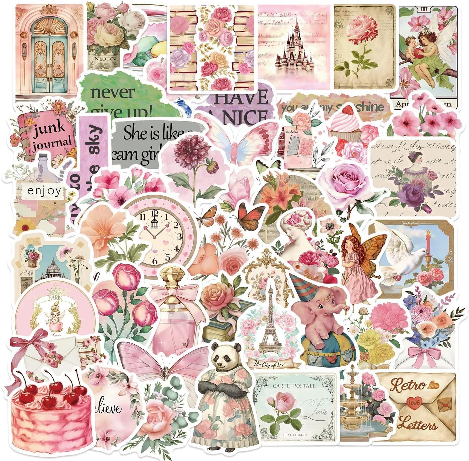 Pastel Vintage Pink Aesthetic Floral Sticker - 50pcs Retro Scrapbooking Stickers with Flowers, Butterflies, Inspirational Quotes, Fairy for Journals, Planners, Crafting Decor