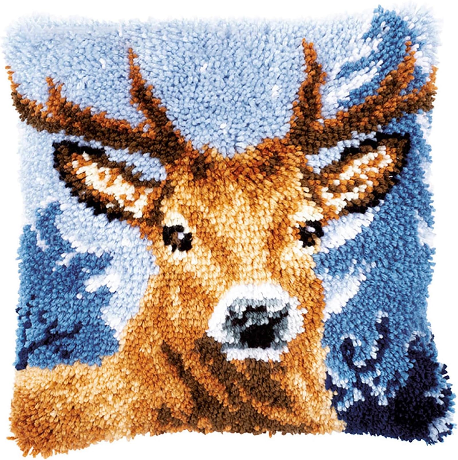 ZFFLYH Latch Hook Kits DIY Throw Pillow Cover Sofa Cushion Cover Cushion Cover Embroidery Craft Kit for Adults And Beginners Pattern Printed Canvas Creativity Crochet Gift 17X17 Inch,Deer