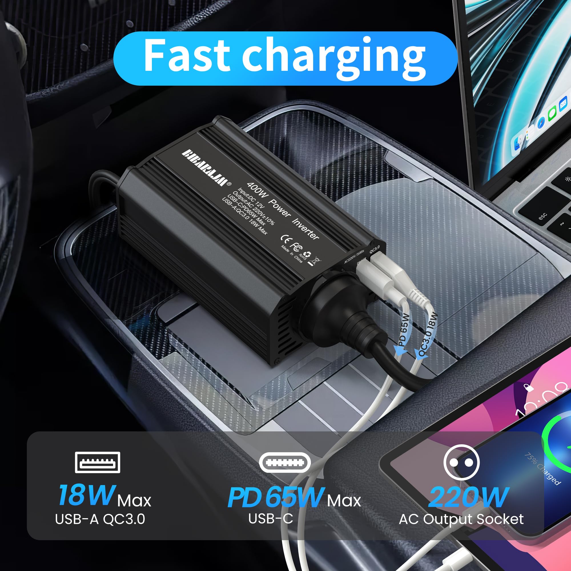 400W Auto Spannungswandler DC 12V auf AC 230V mit 2 Steckdosen und PD65W USB-C, USB-Ports, Schnellladegerät, Autoladegerät mit Zigarettenanzünderstecker für Geschäftsfahrten und Ferien