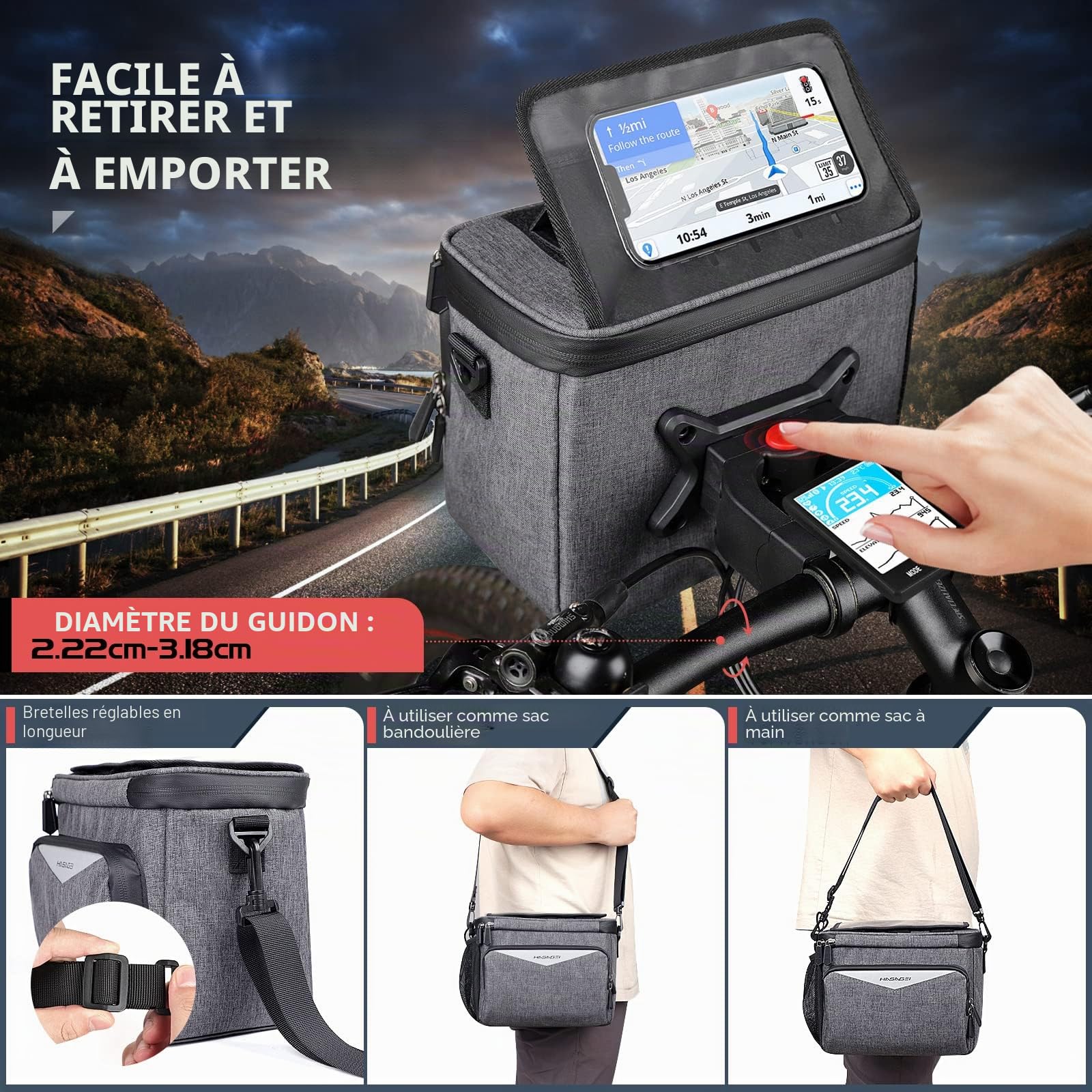 HASAGEI Sacoche de Guidon de vélo 5 l avec écran Tactile - Support de téléphone Portable - Étanche pour Tous Les téléphones Portables